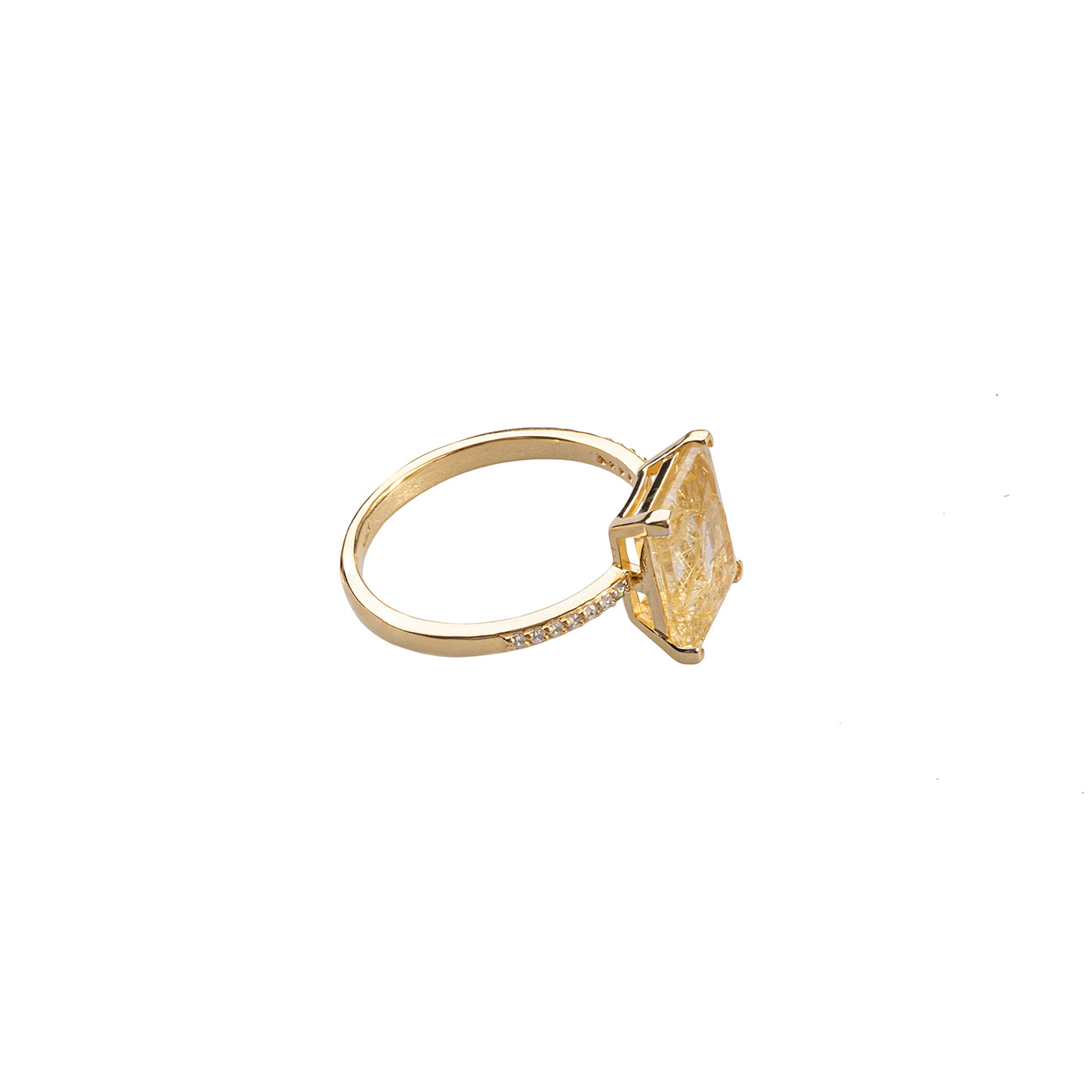 Gold-plated silver ring with rutile quartz cut baguette