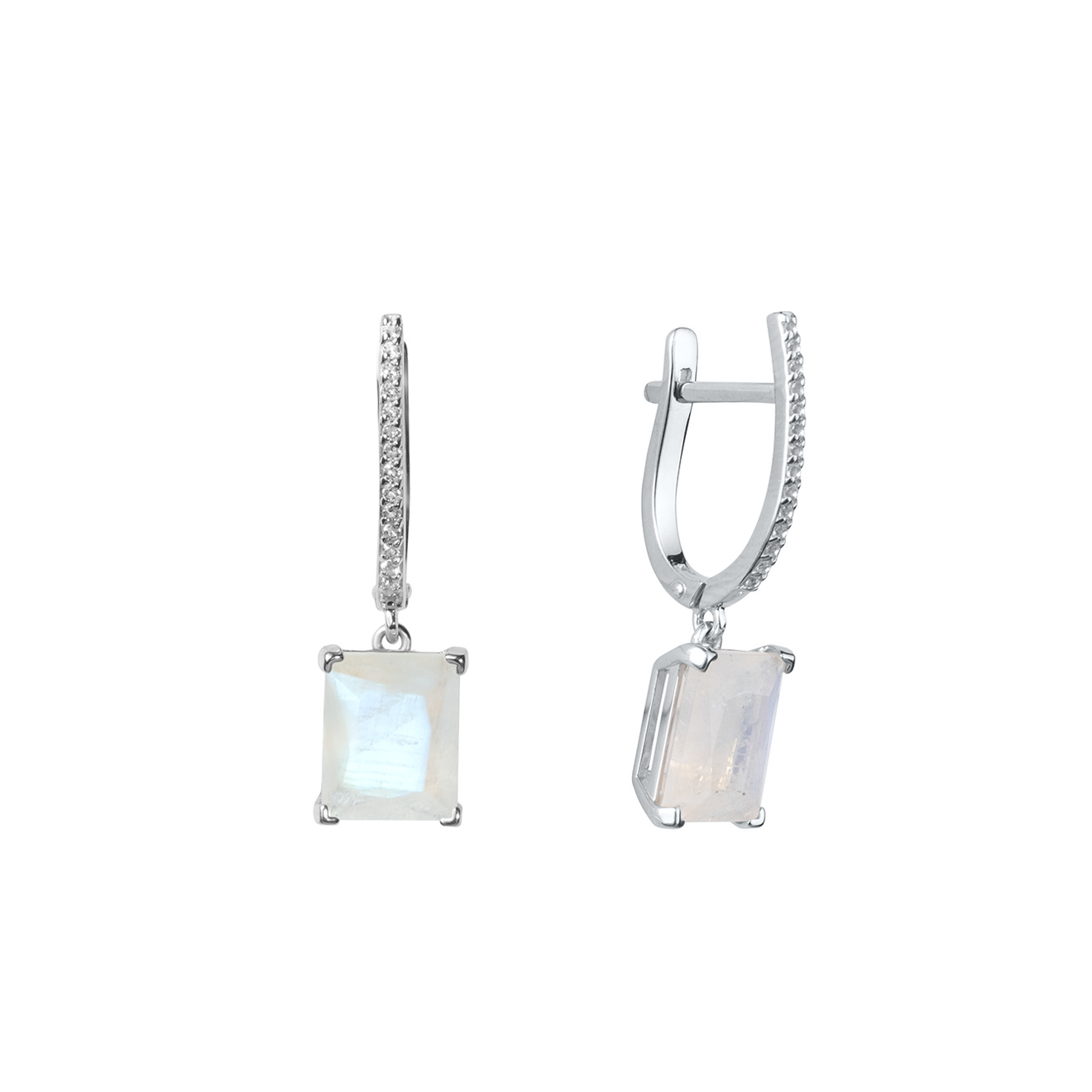 Серьги из серебра с лунным камнем огранки багет