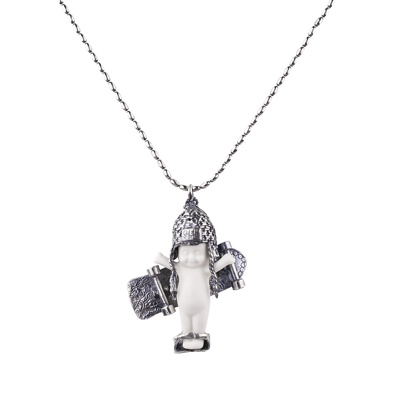 Happy Baby, Skateboard White Porcelain Pups Silver Chain