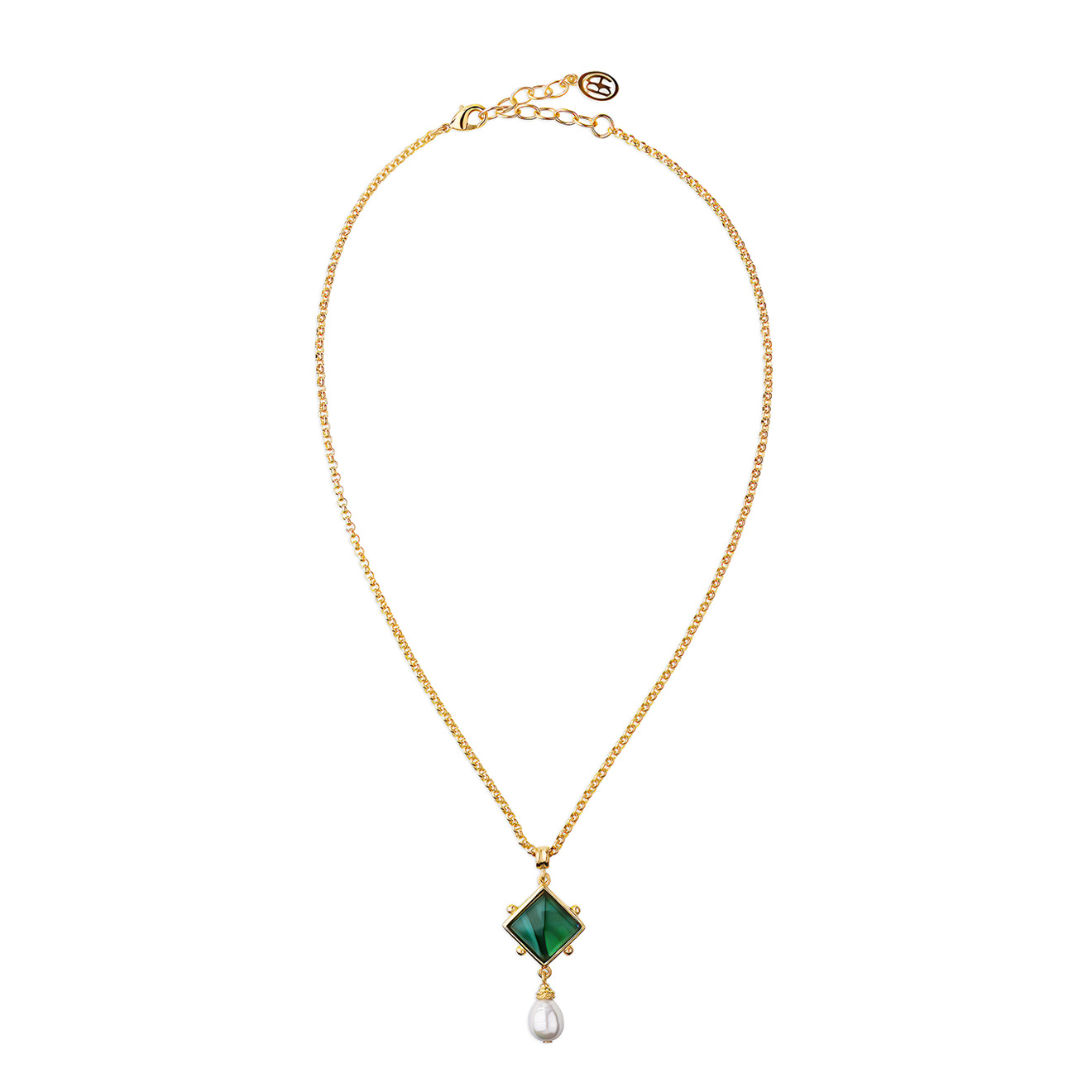 Gold-plated Grey necklace with a pendant made of green Czech crystal with a pearl drop pendant