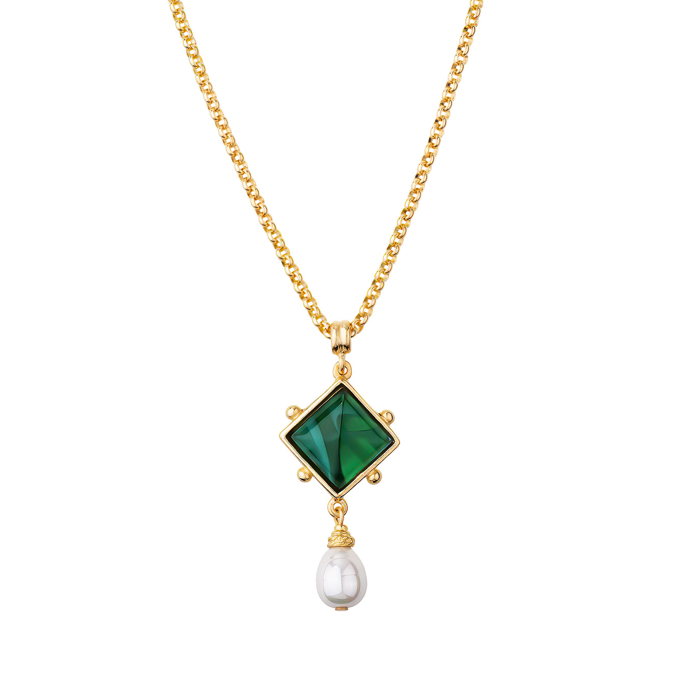 Gold-plated Grey necklace with a pendant made of green Czech crystal with a pearl drop pendant