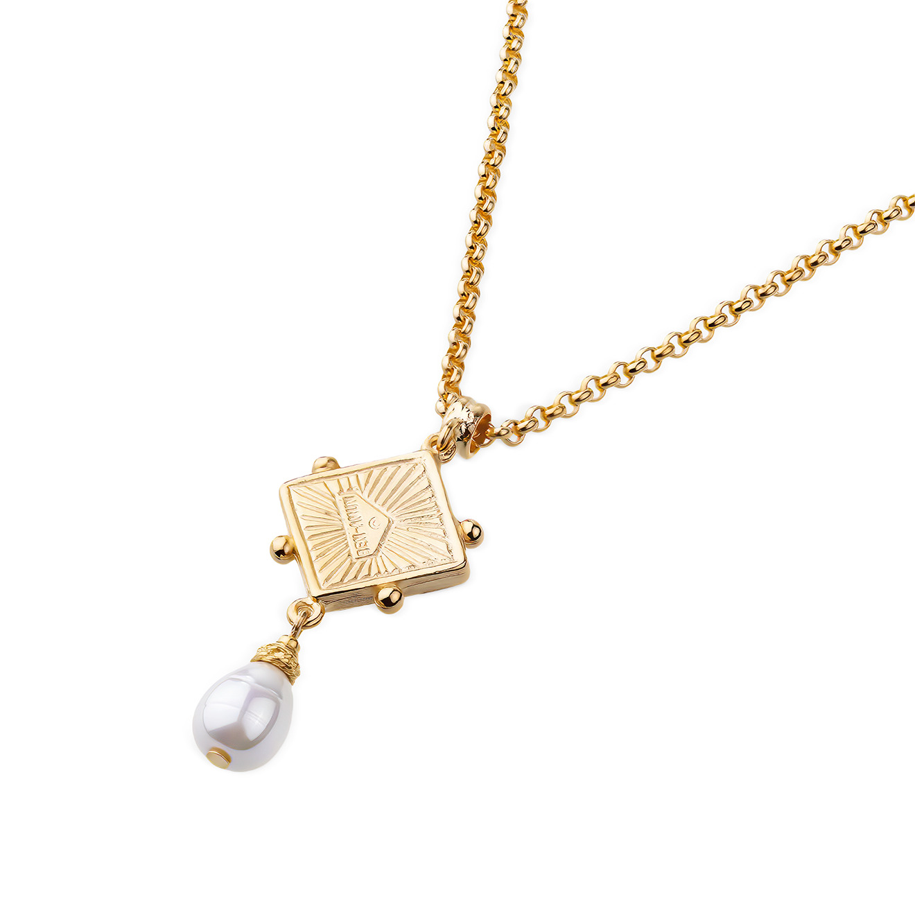 Gold-plated Grey necklace with a pendant made of green Czech crystal with a pearl drop pendant