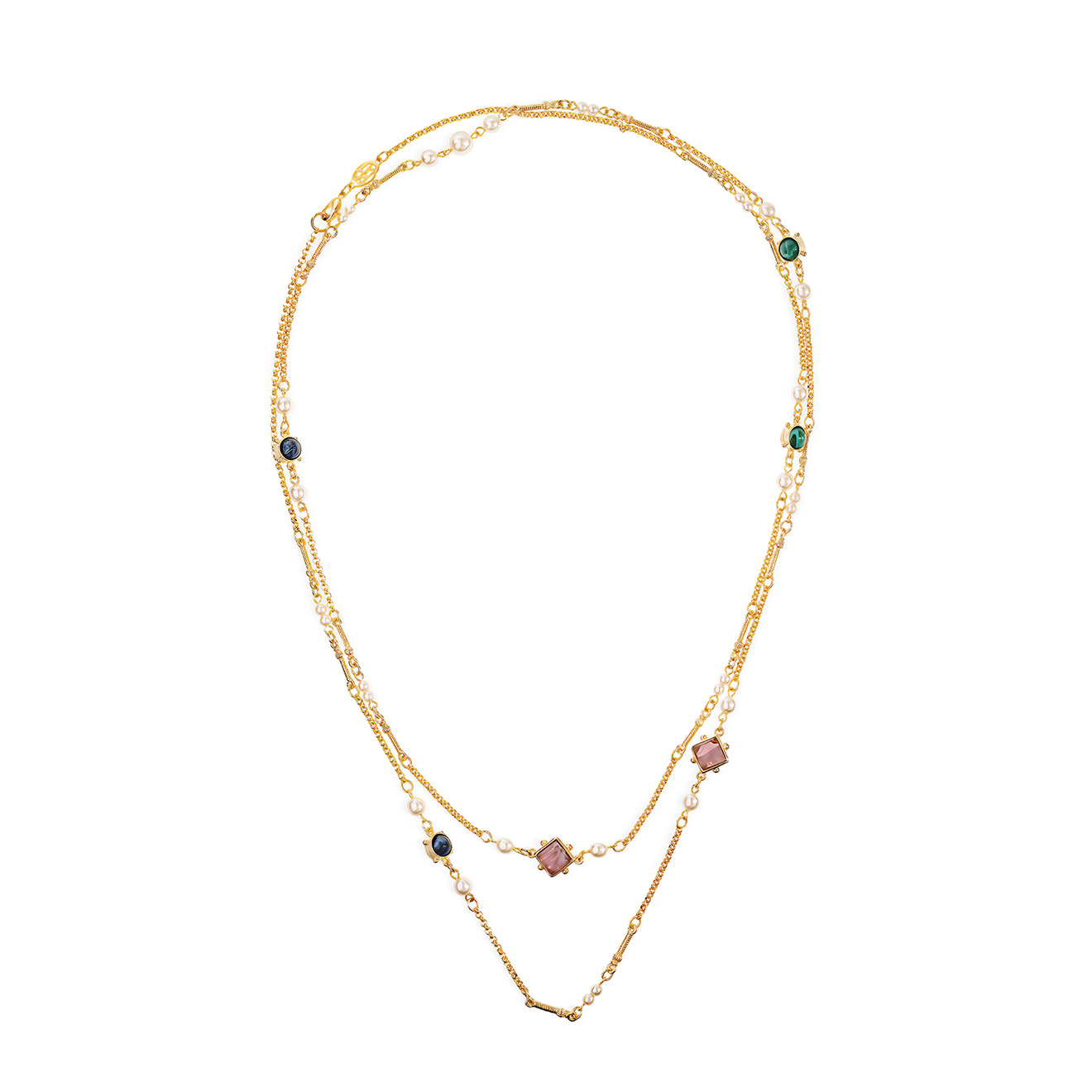 Long gilded Street necklace with inserts of Czech glass and pearls