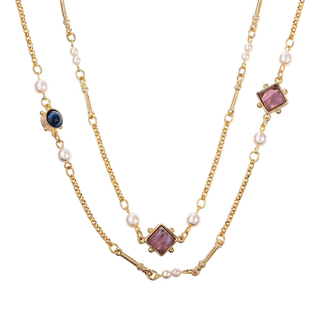 Long gilded Street necklace with inserts of Czech glass and pearls