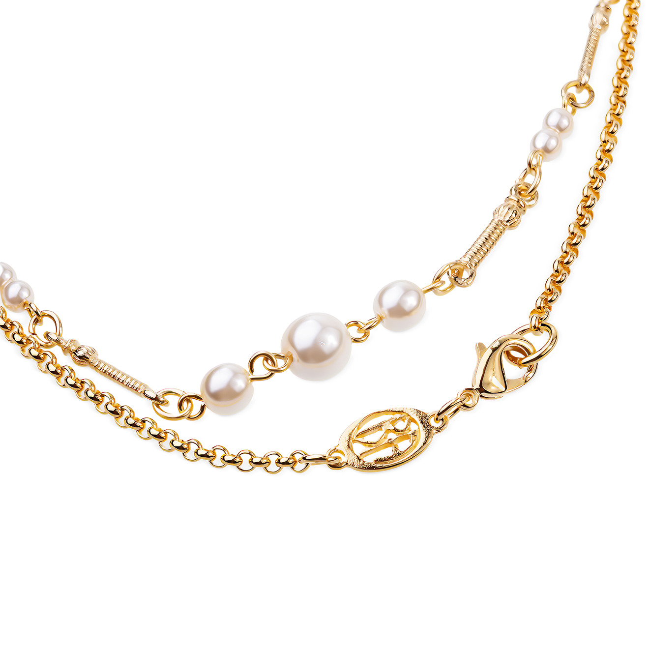 Long gilded Street necklace with inserts of Czech glass and pearls