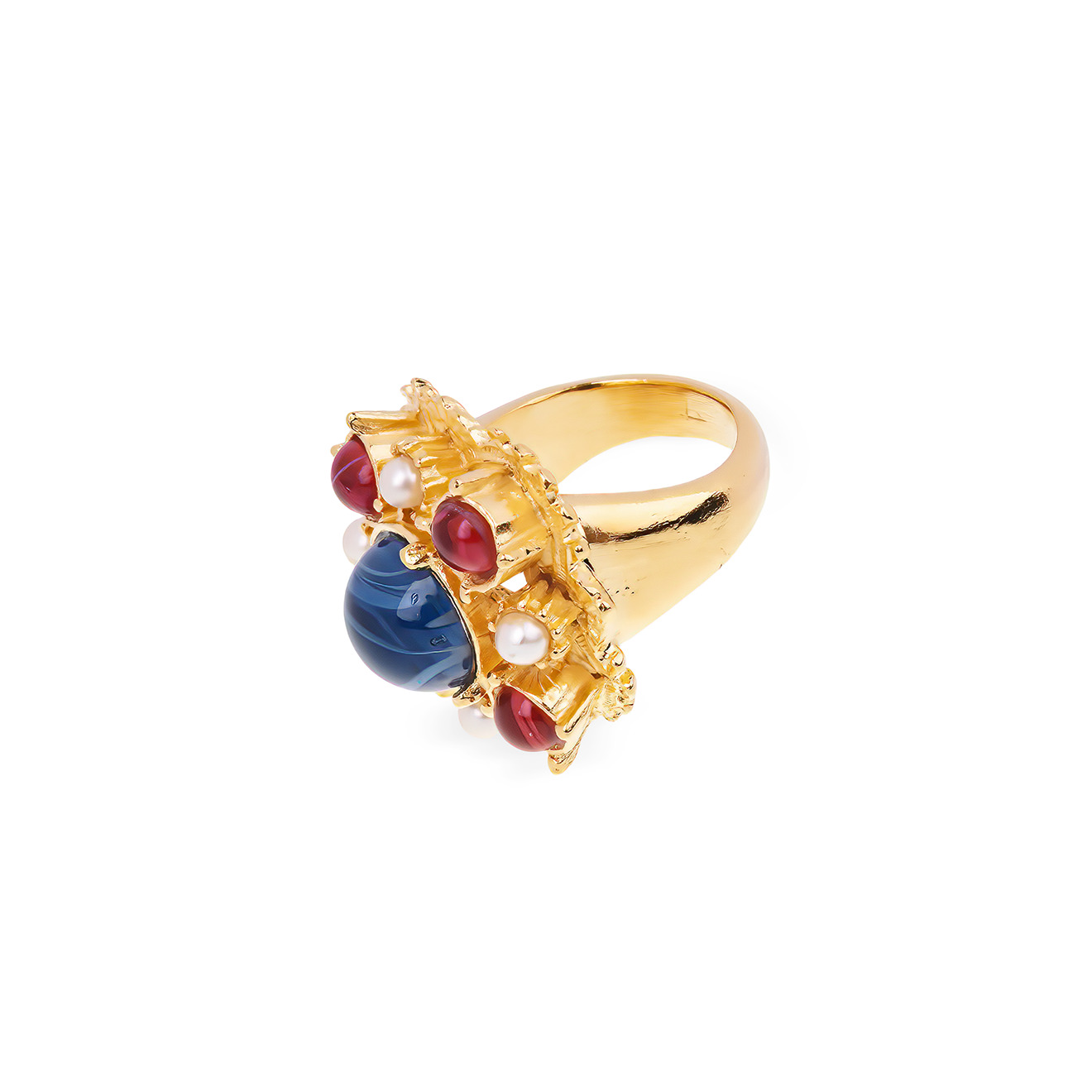 Gilded Wilhelmina ring with inserts of Czech glass and pearls
