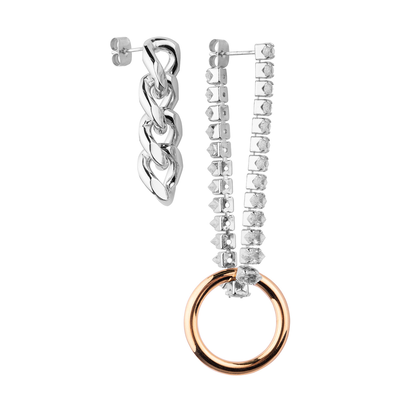 Silver asymmetric earrings with a golden circle and crystals