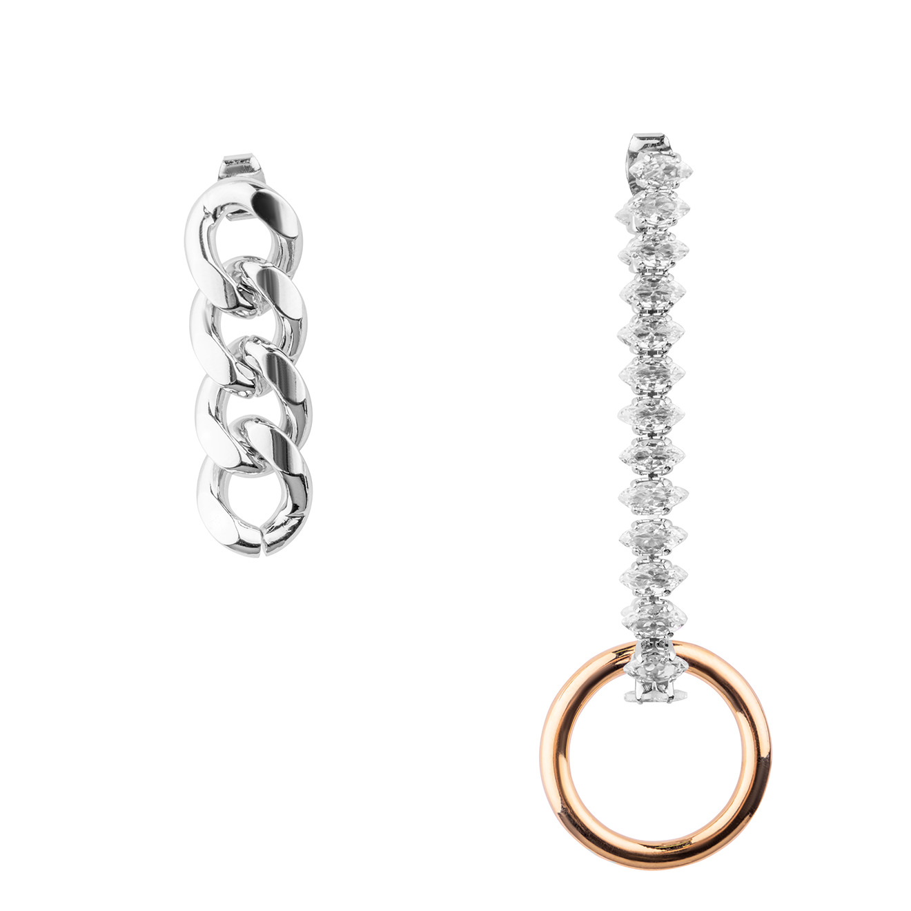 Silver asymmetric earrings with a golden circle and crystals