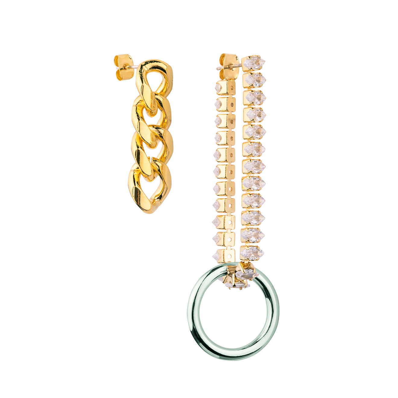 asymmetric earrings with a silver circle and crystals
