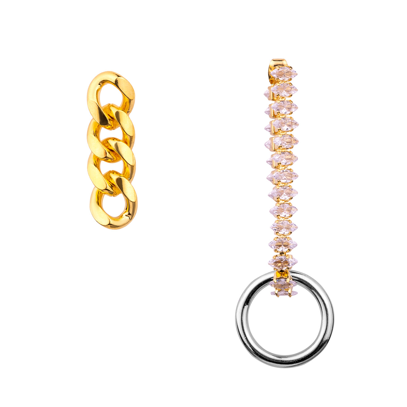 asymmetric earrings with a silver circle and crystals