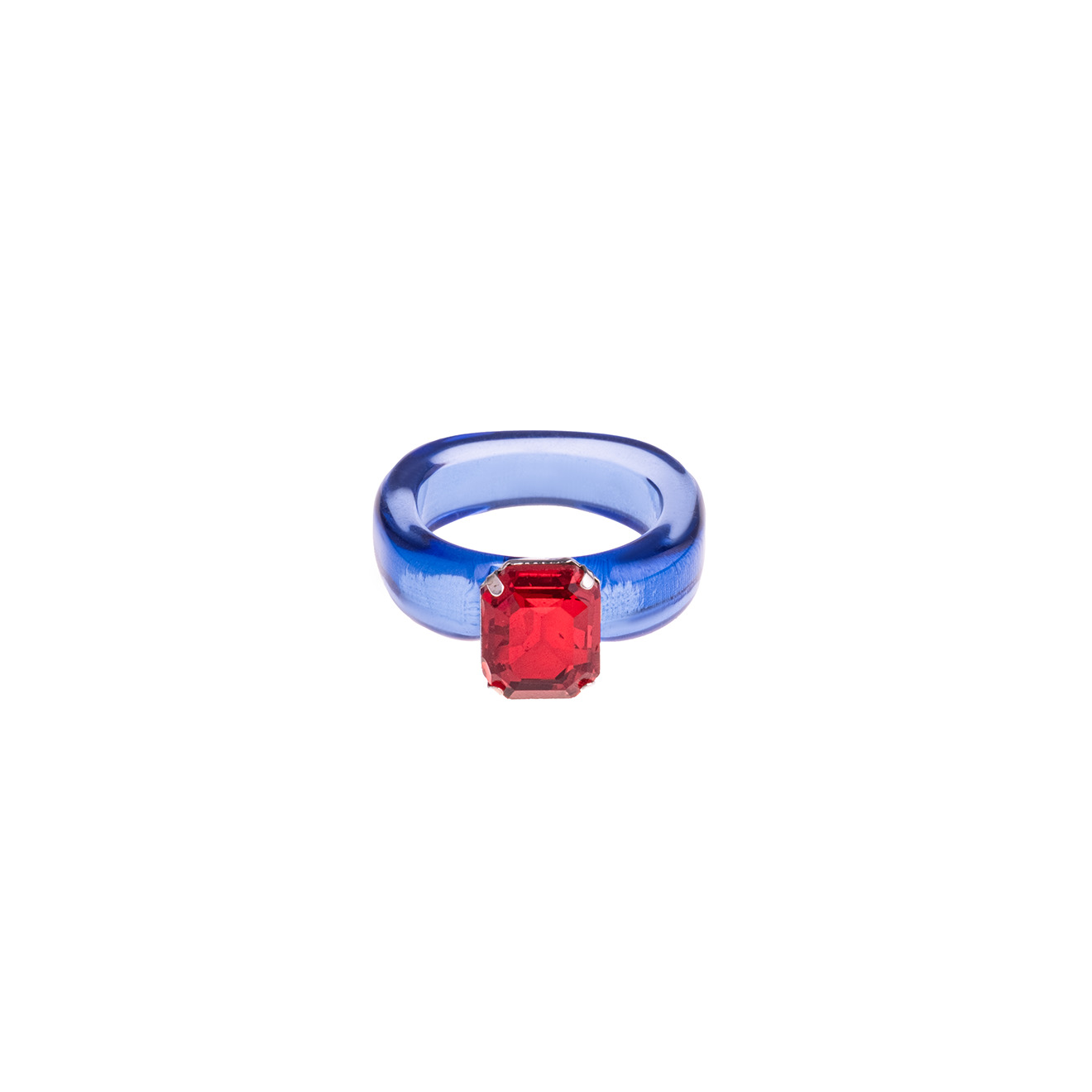 Blue plastic ring with red stone