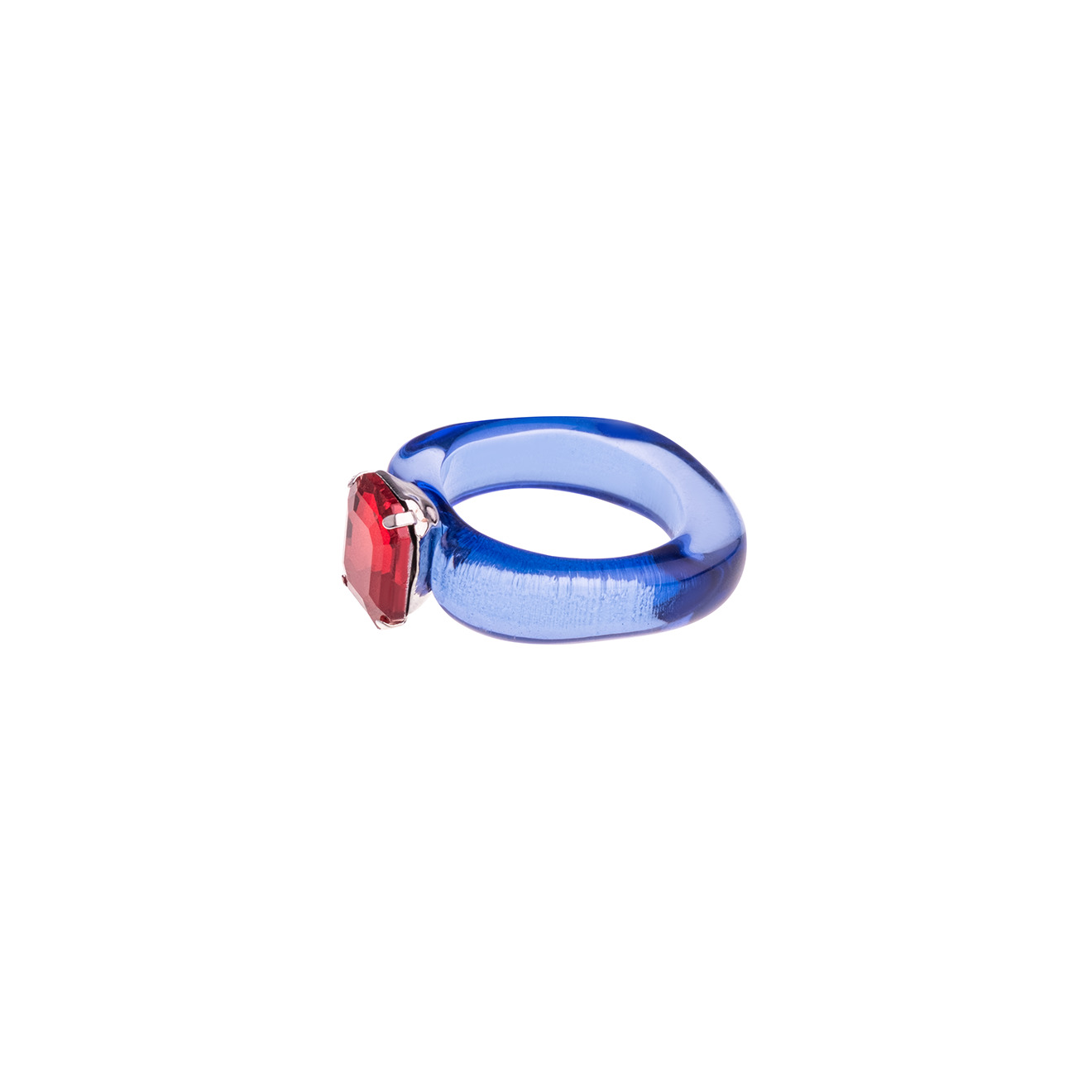 Blue plastic ring with red stone