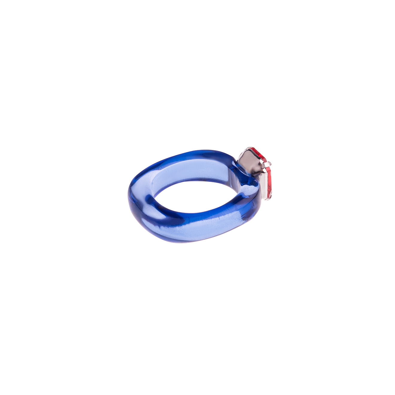 Blue plastic ring with red stone