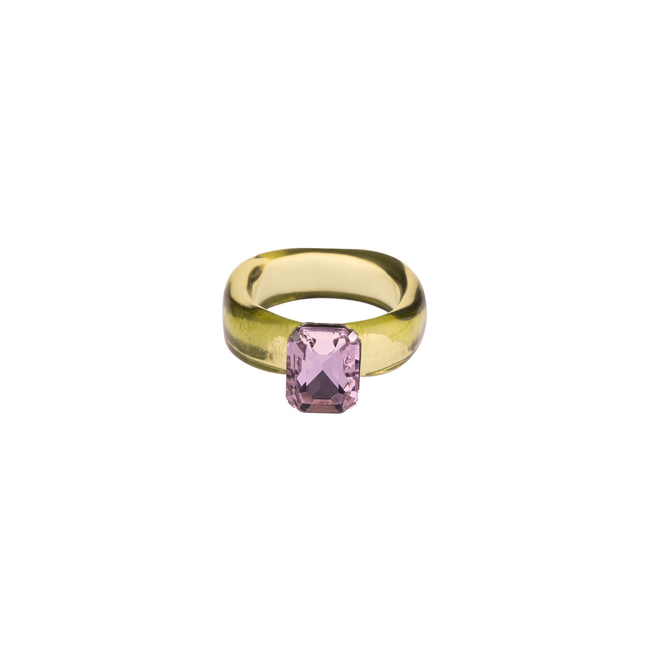Ring made of light green plastic with a purple stone