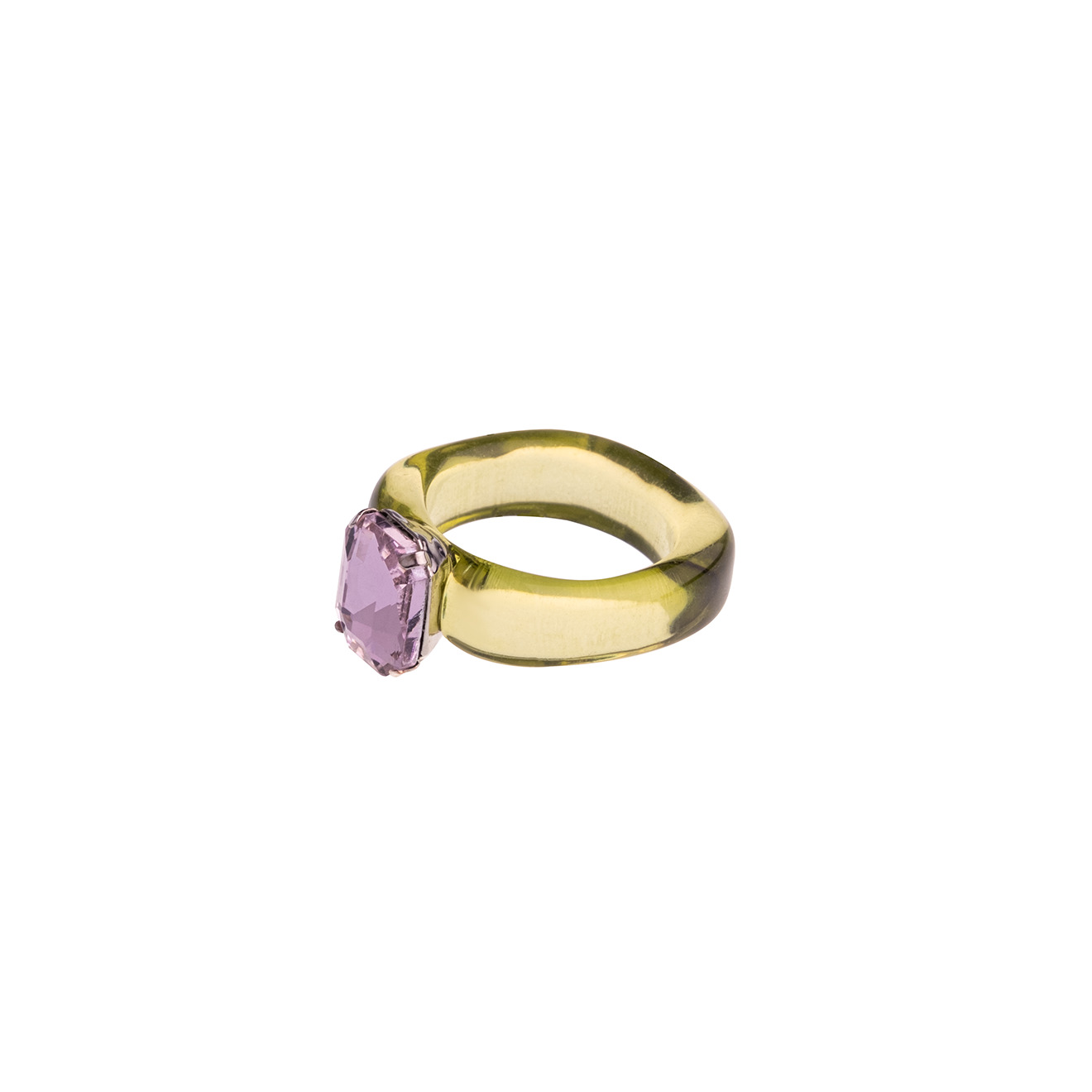 Ring made of light green plastic with a purple stone