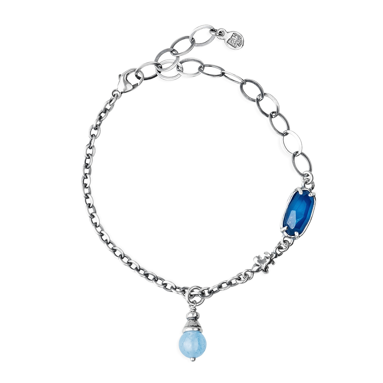 Silver chain bracelet with agate and jade