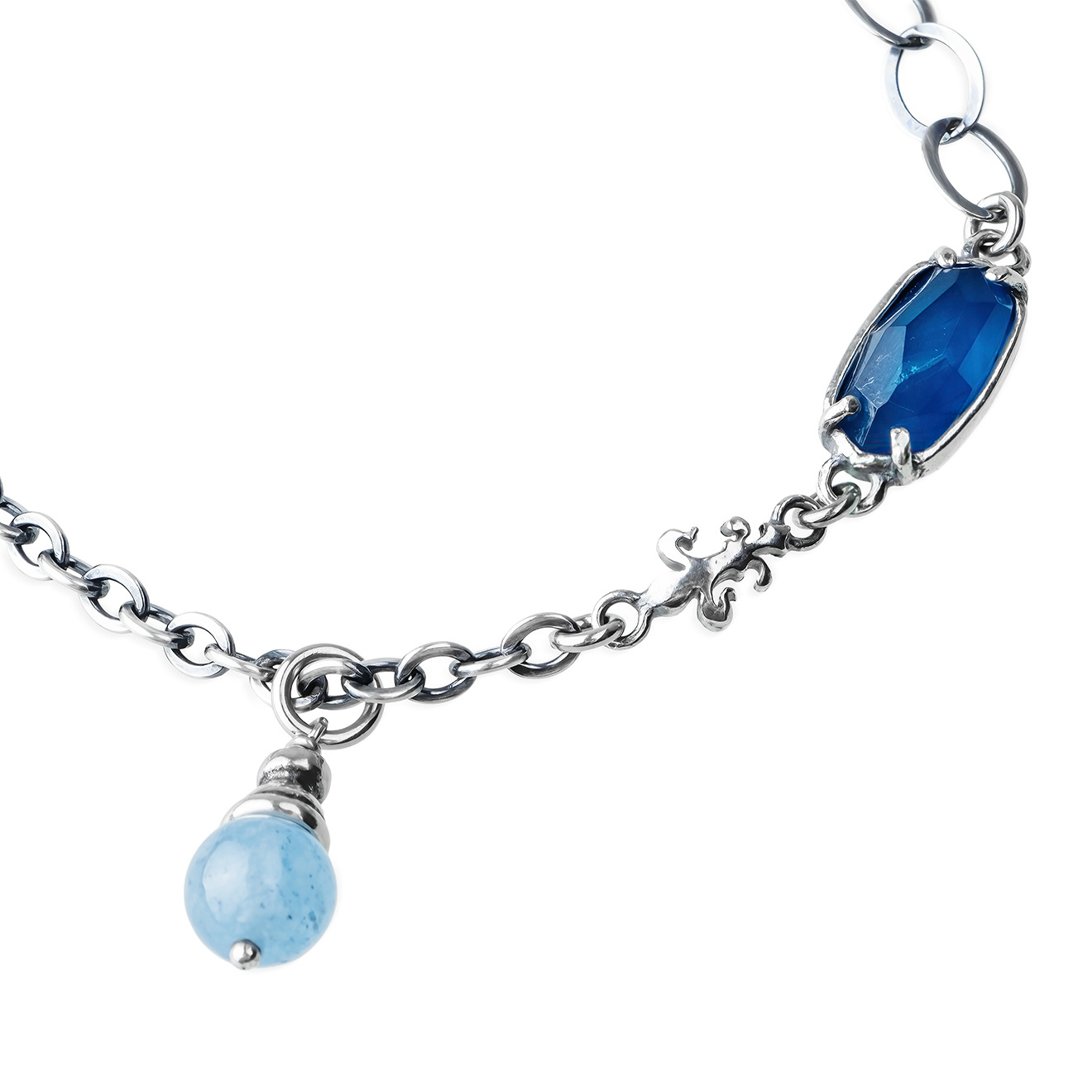 Silver chain bracelet with agate and jade