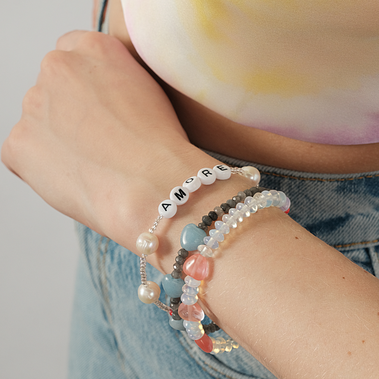 Aventurine bracelet with aquamarine hearts