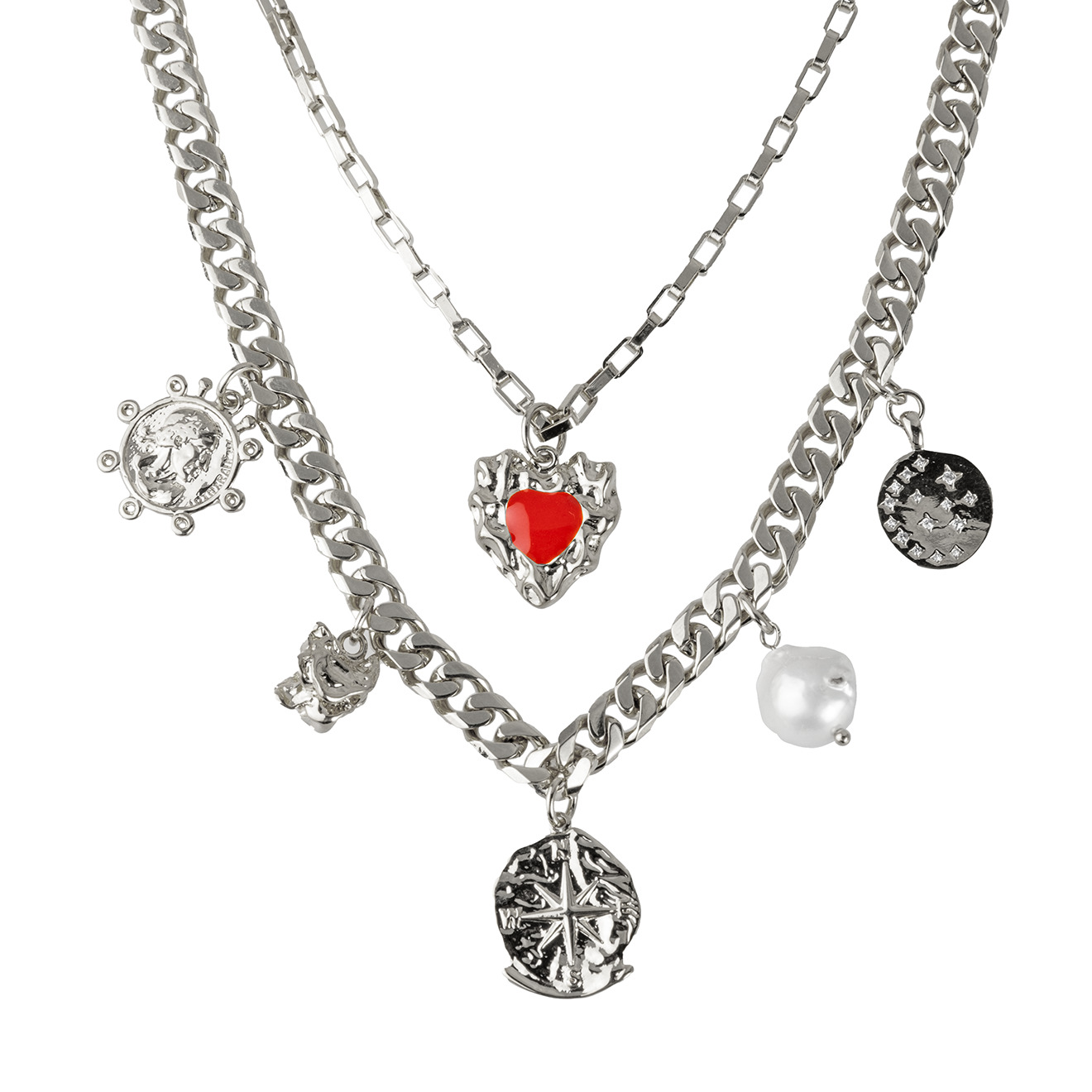 Necklace with baroque pearls and a red heart