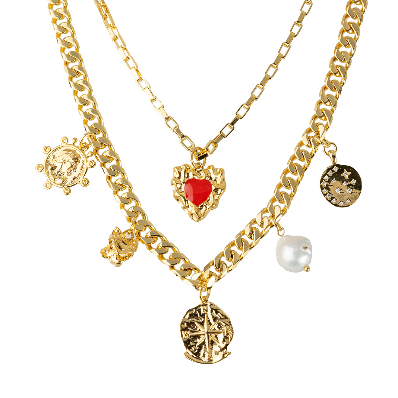 necklace with medallions and a red heart