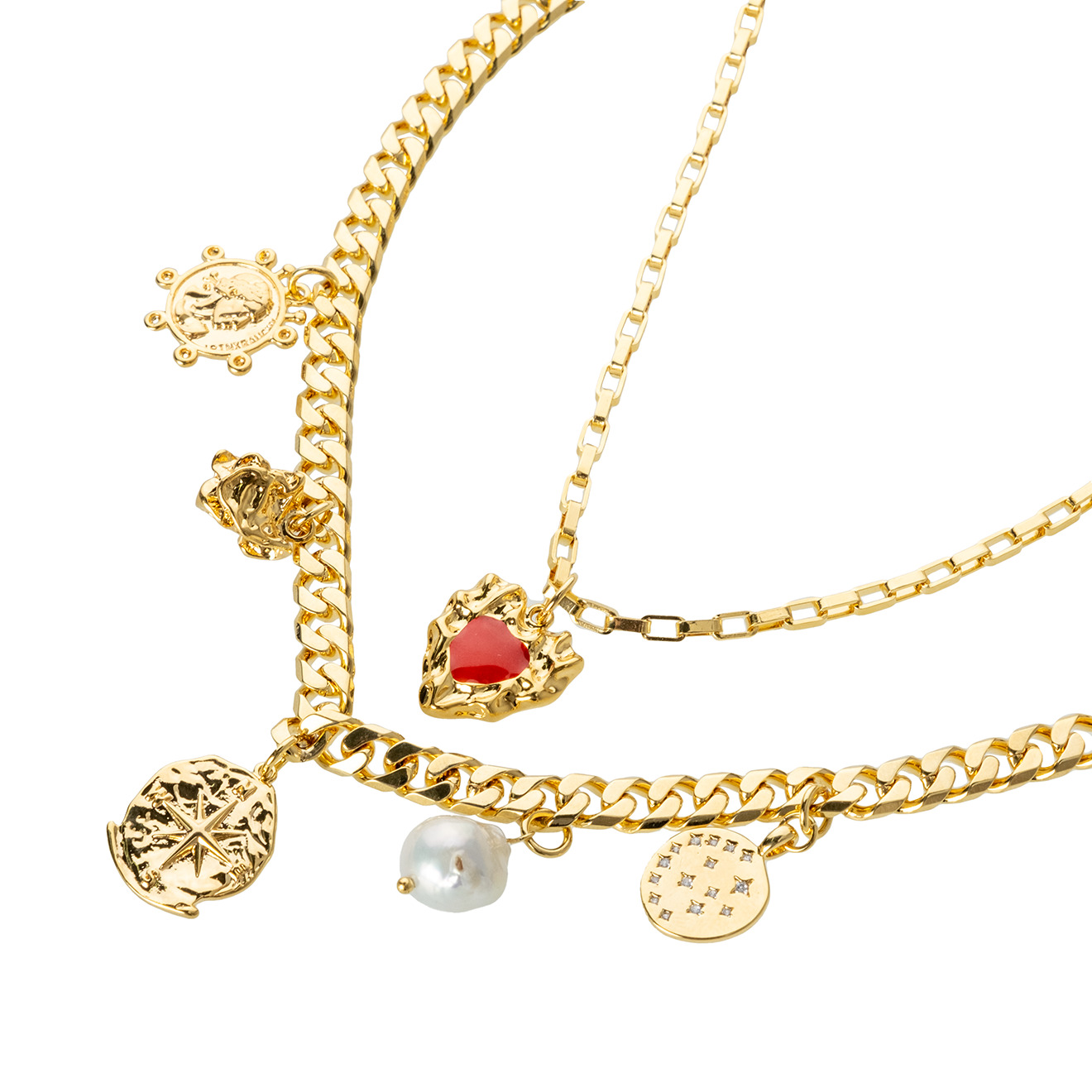 necklace with medallions and a red heart