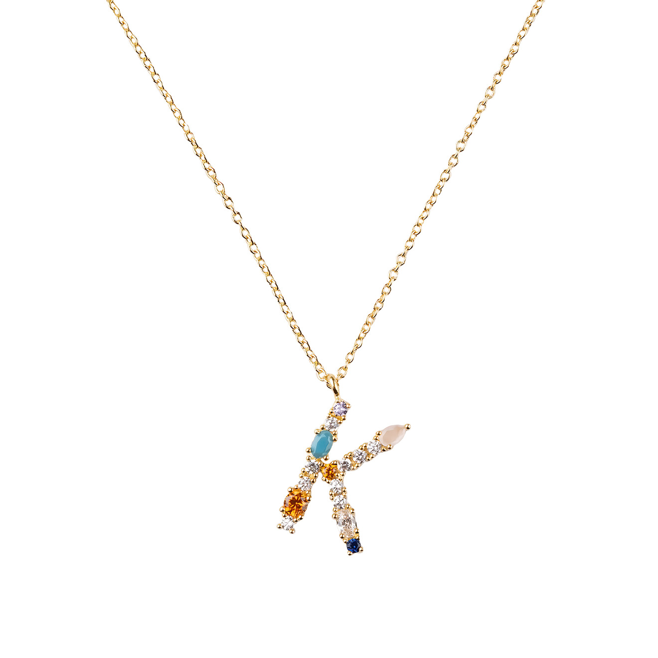 pendant with the letter K made of colored crystals