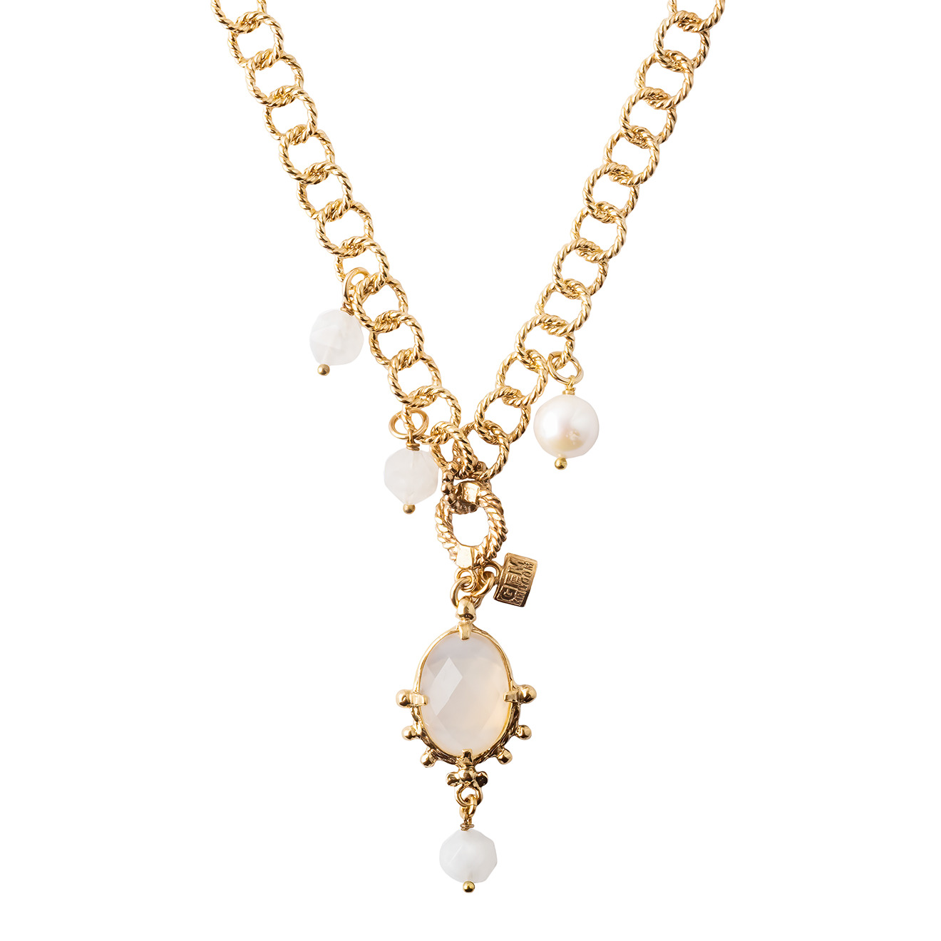 gold-plated chain necklace with pearls and moonstone