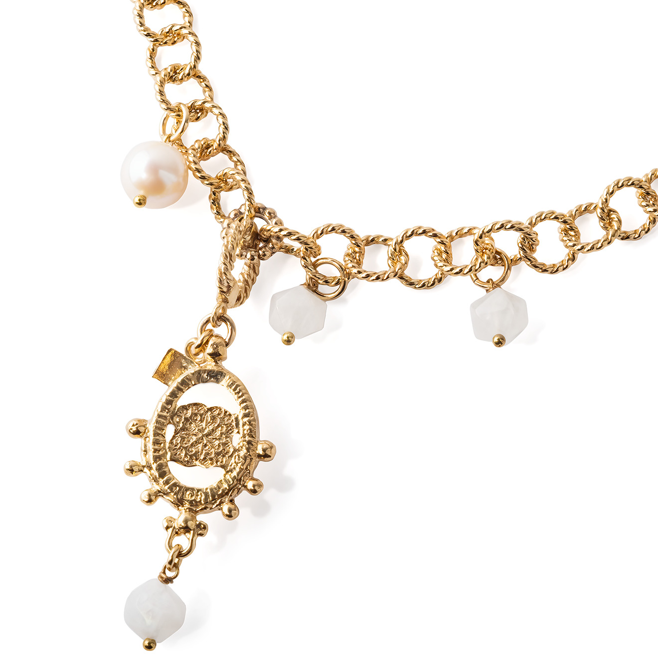 gold-plated chain necklace with pearls and moonstone