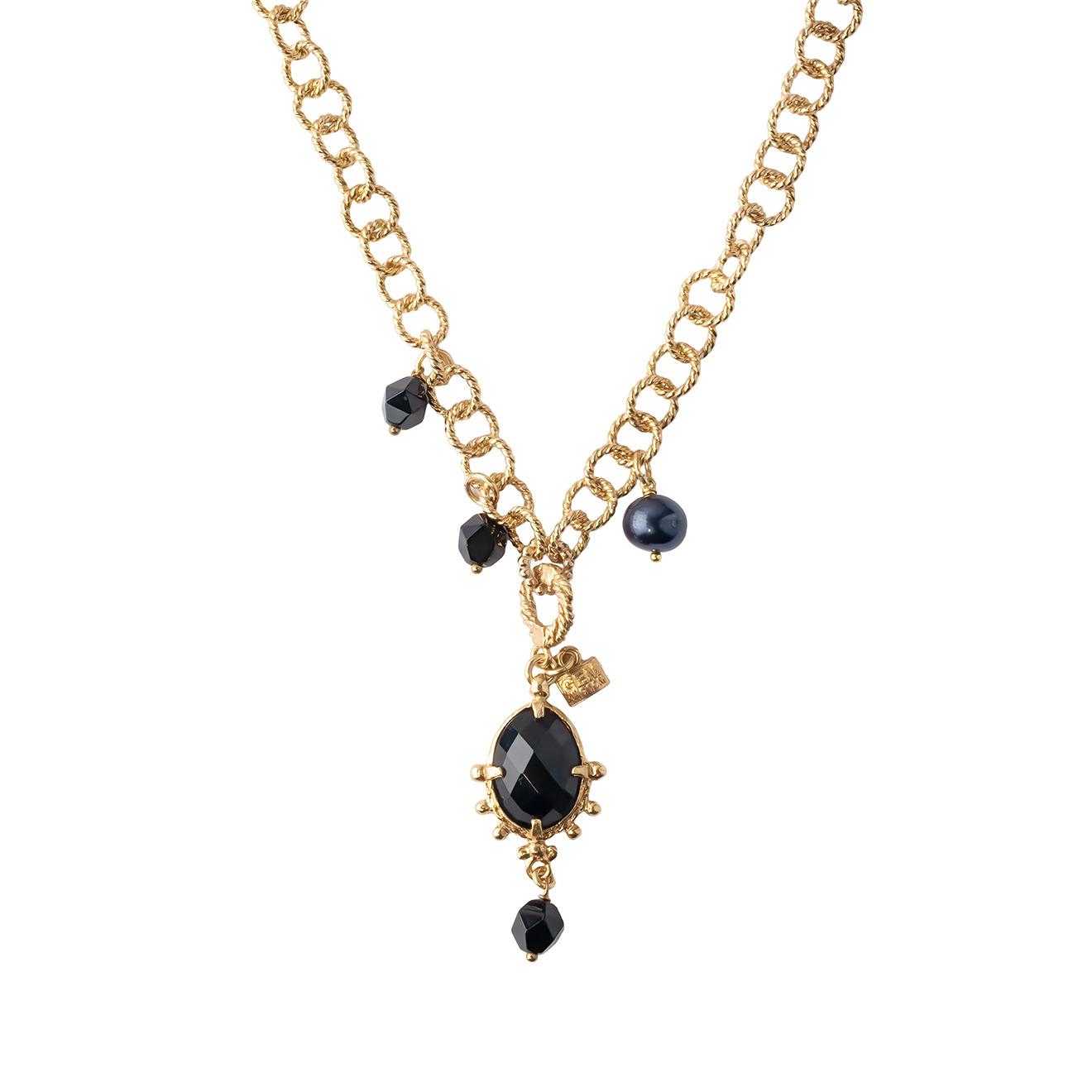 Gold-plated chain necklace with black pearls