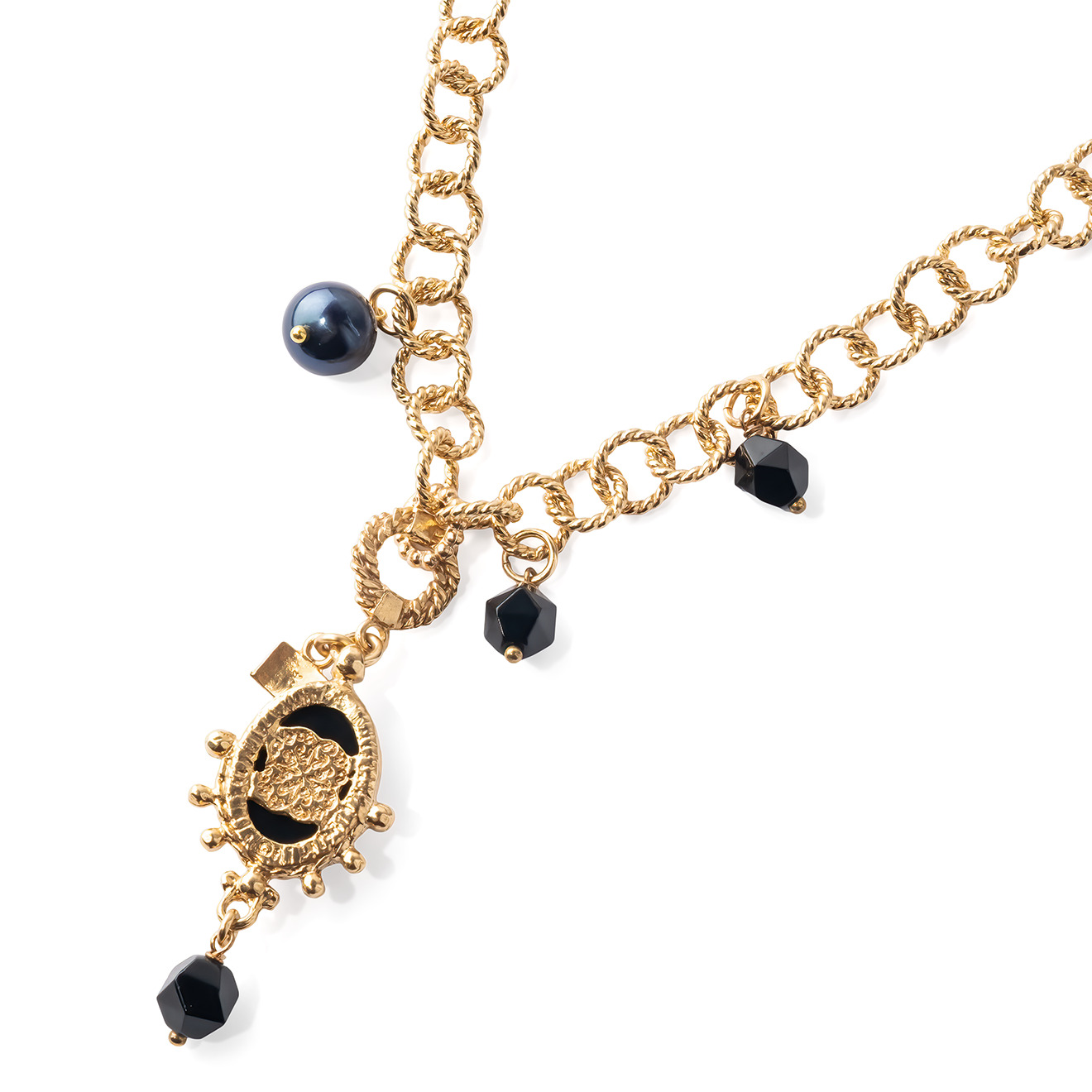 Gold-plated chain necklace with black pearls