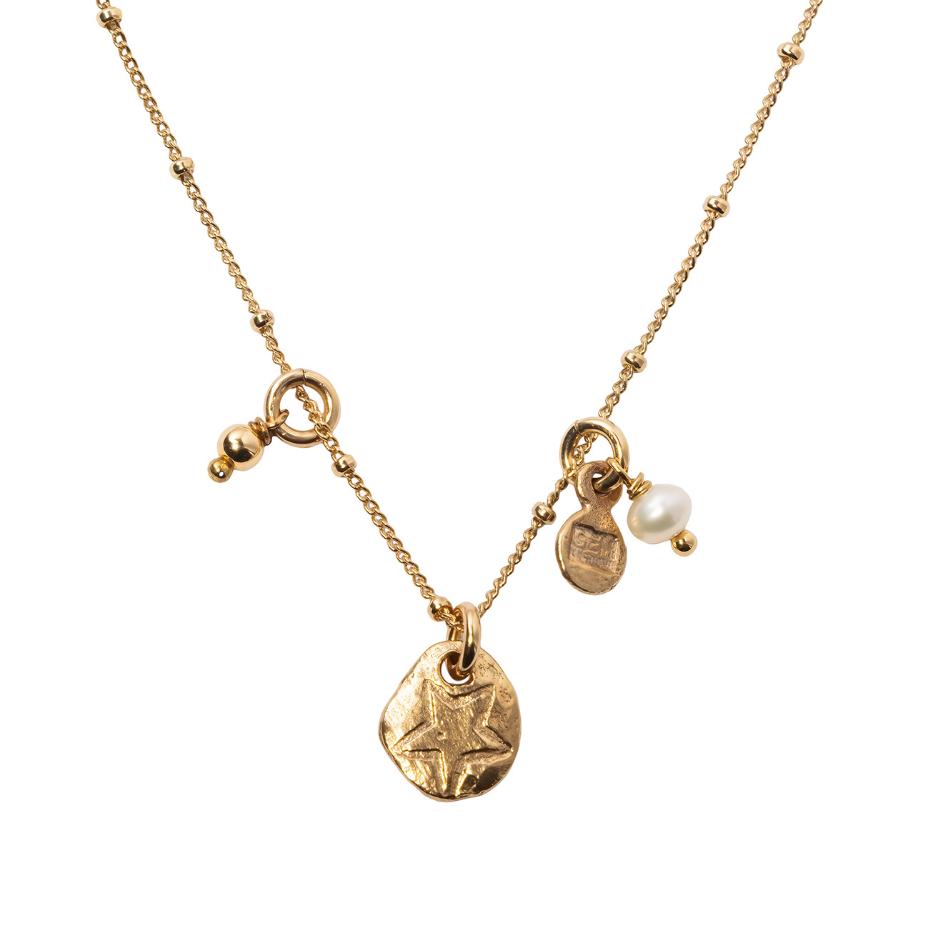 Gold-plated necklace with textured pendant medallions and pearls
