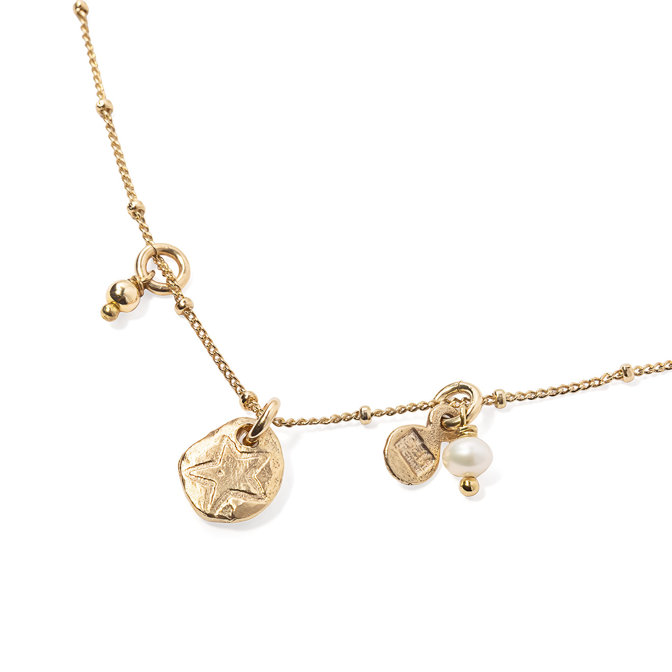 Gold-plated necklace with textured pendant medallions and pearls