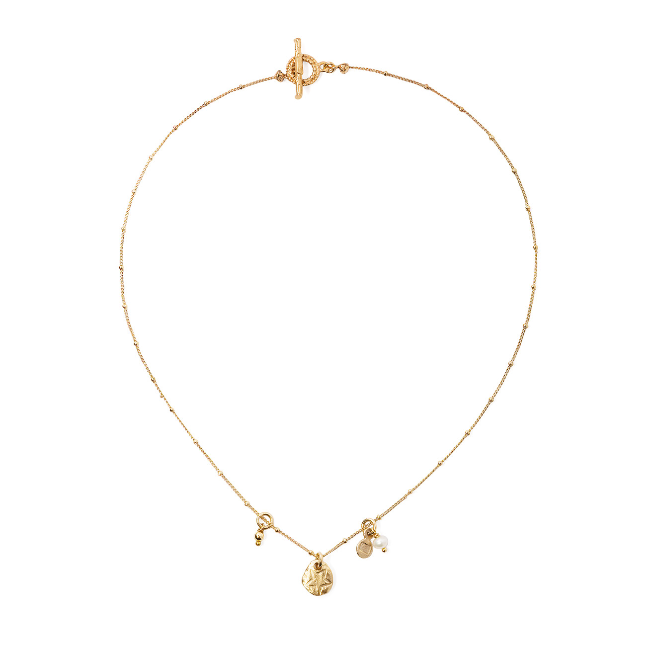 Gold-plated necklace with textured pendant medallions and pearls