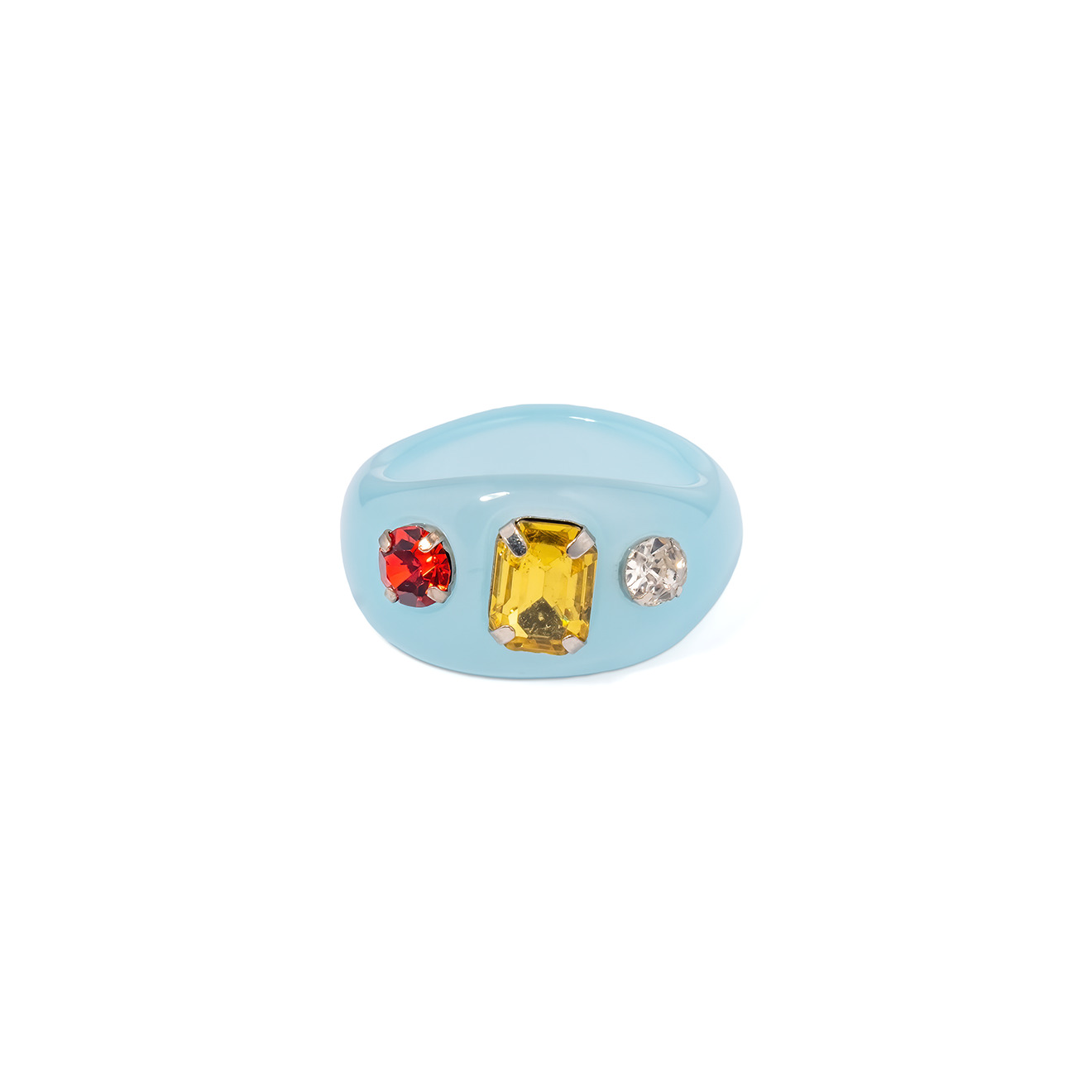 Gray-blue ring with three colored crystals
