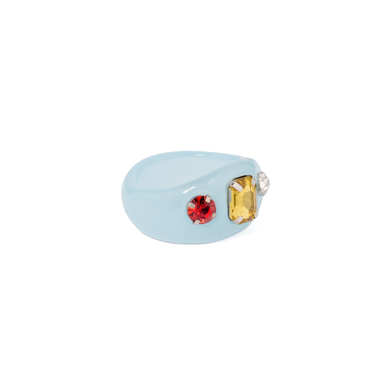 Gray-blue ring with three colored crystals