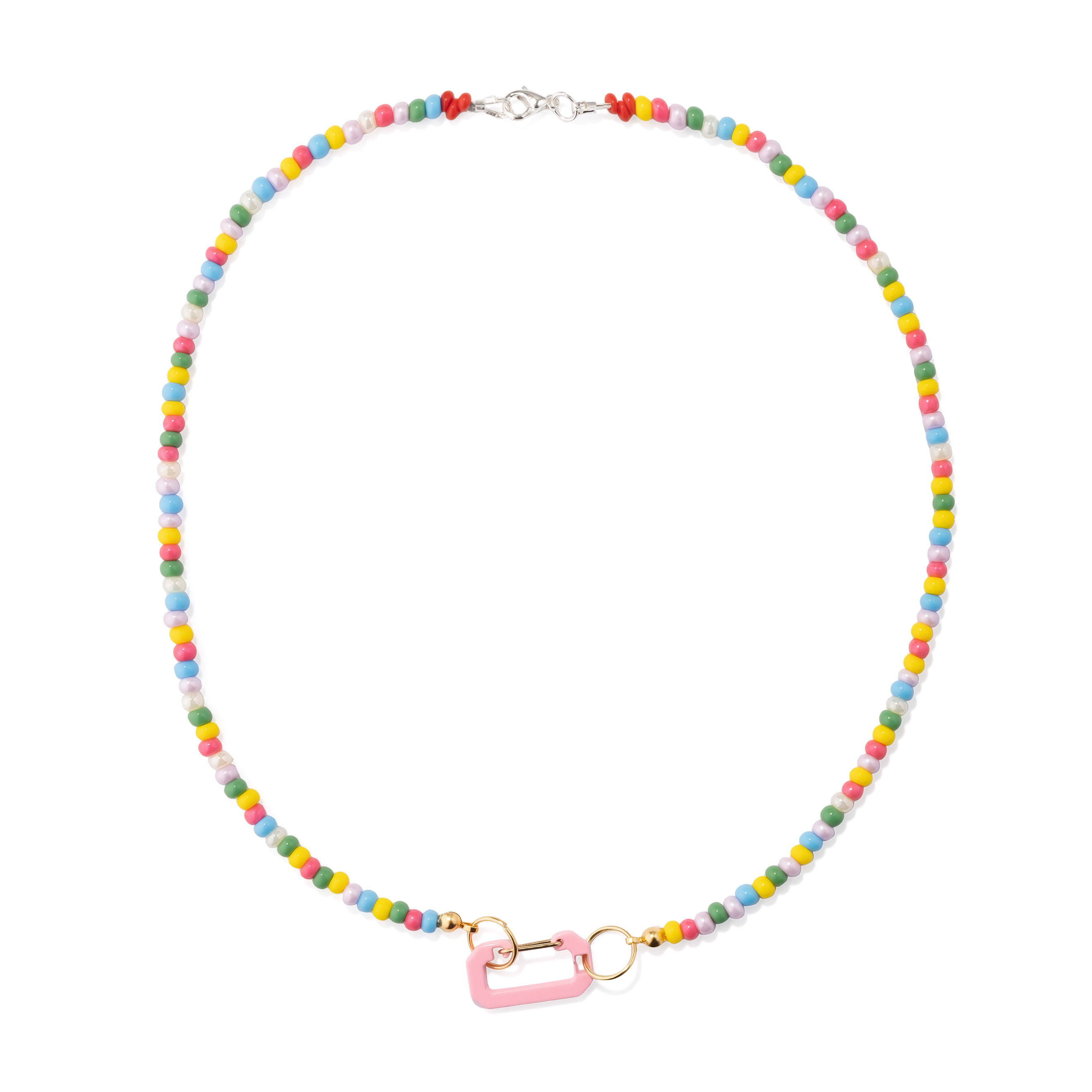 Necklace made of multicolored beads and pink carabiner
