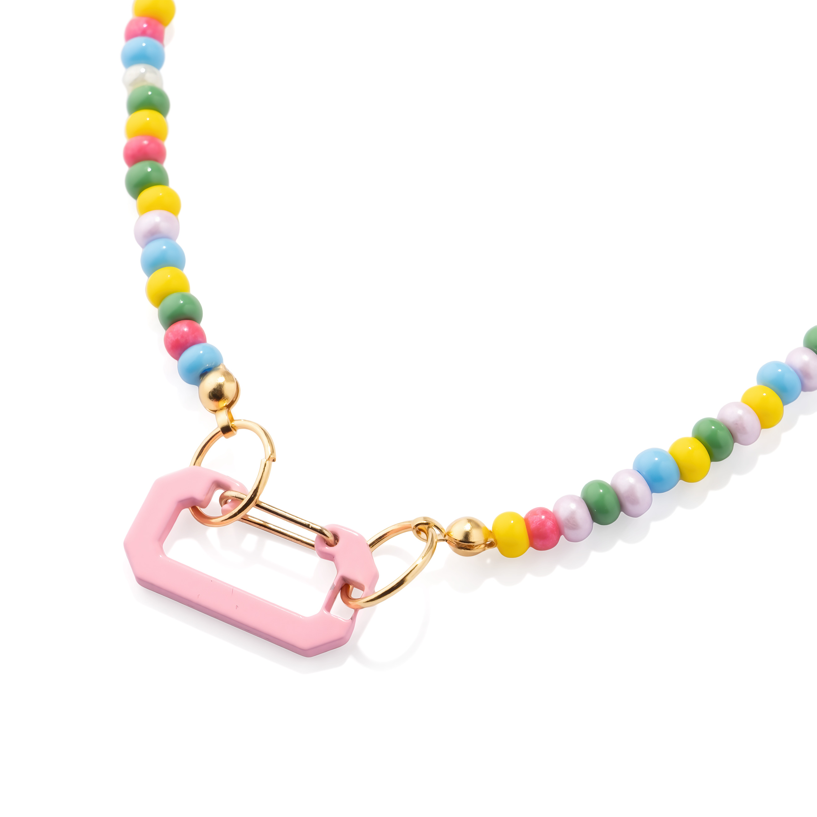 Necklace made of multicolored beads and pink carabiner