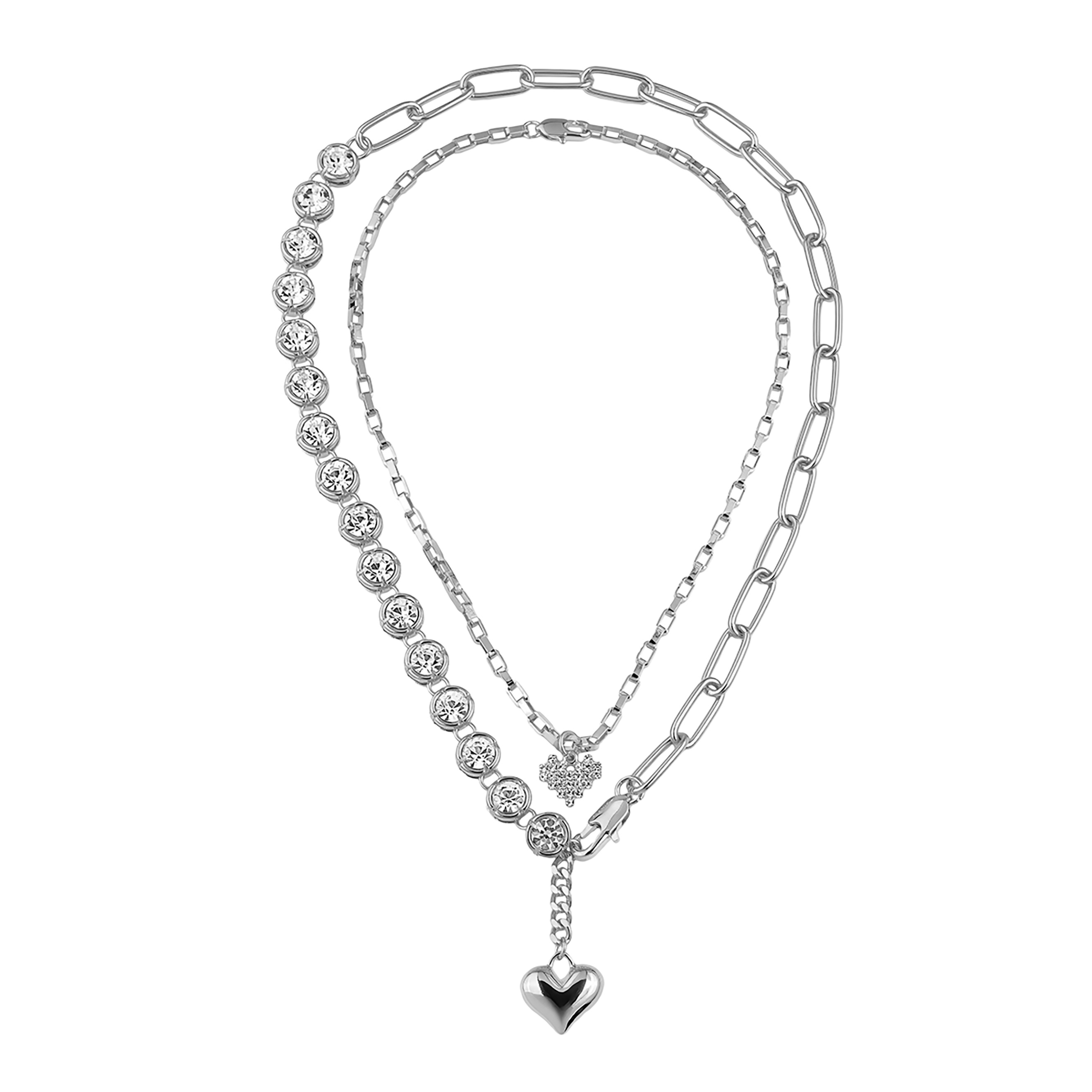 Double necklace with chain, crystals and hearts