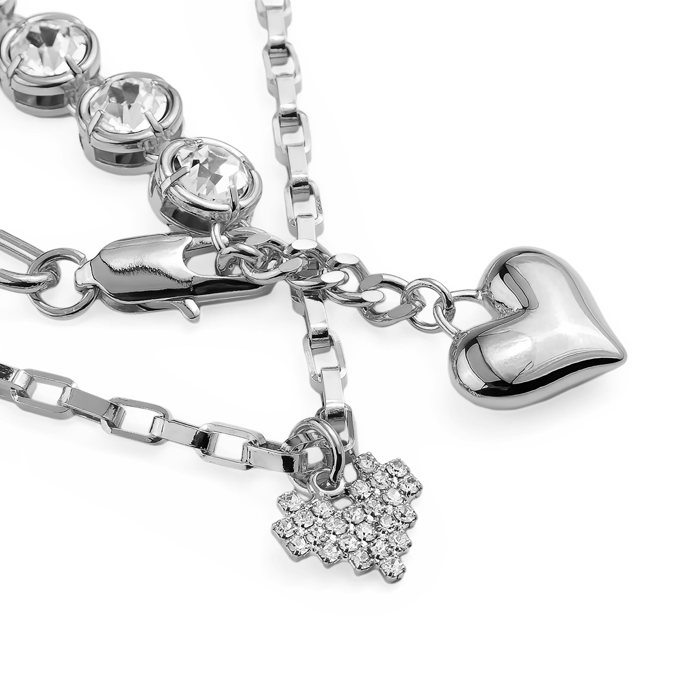 Double necklace with chain, crystals and hearts