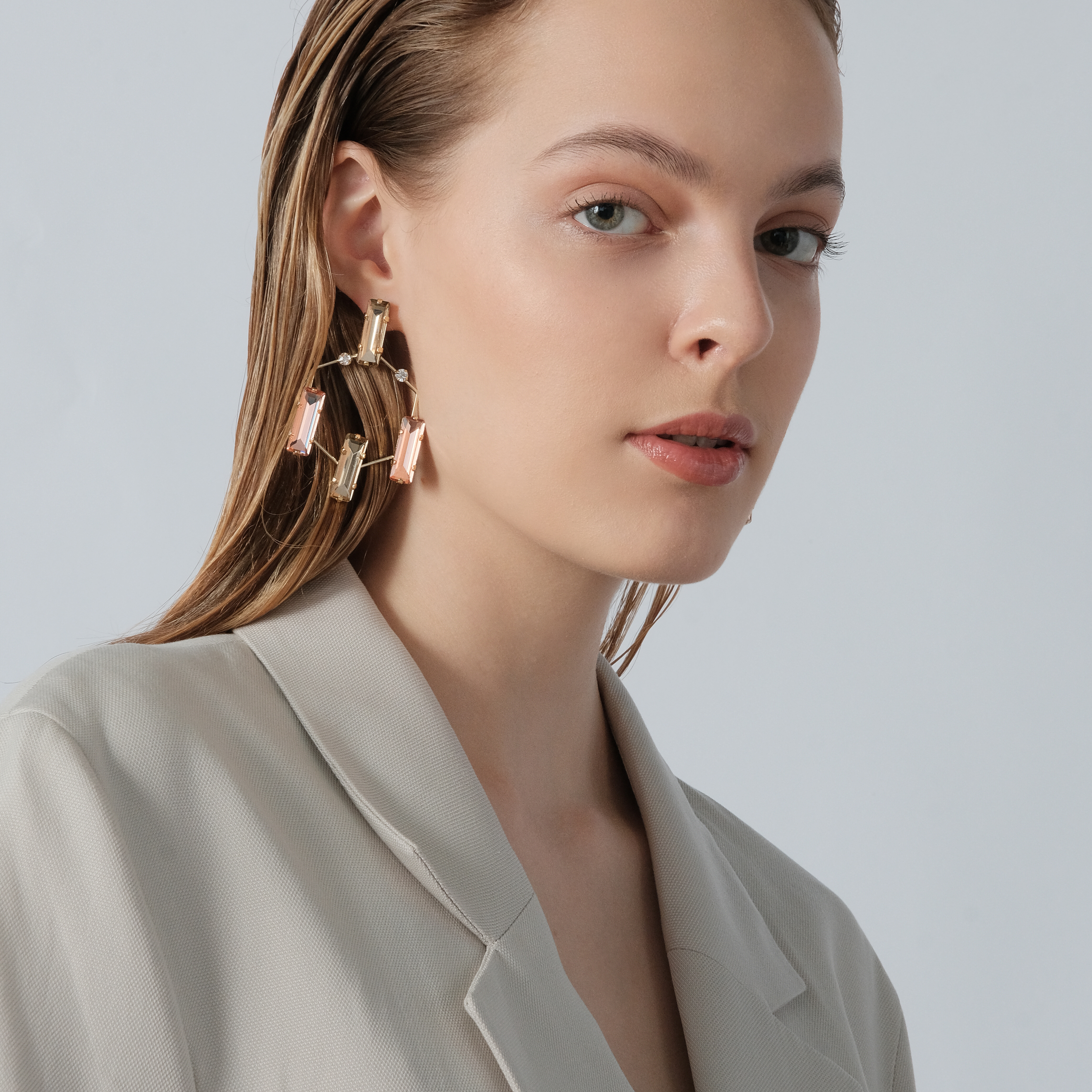 earrings with pink and gray crystals