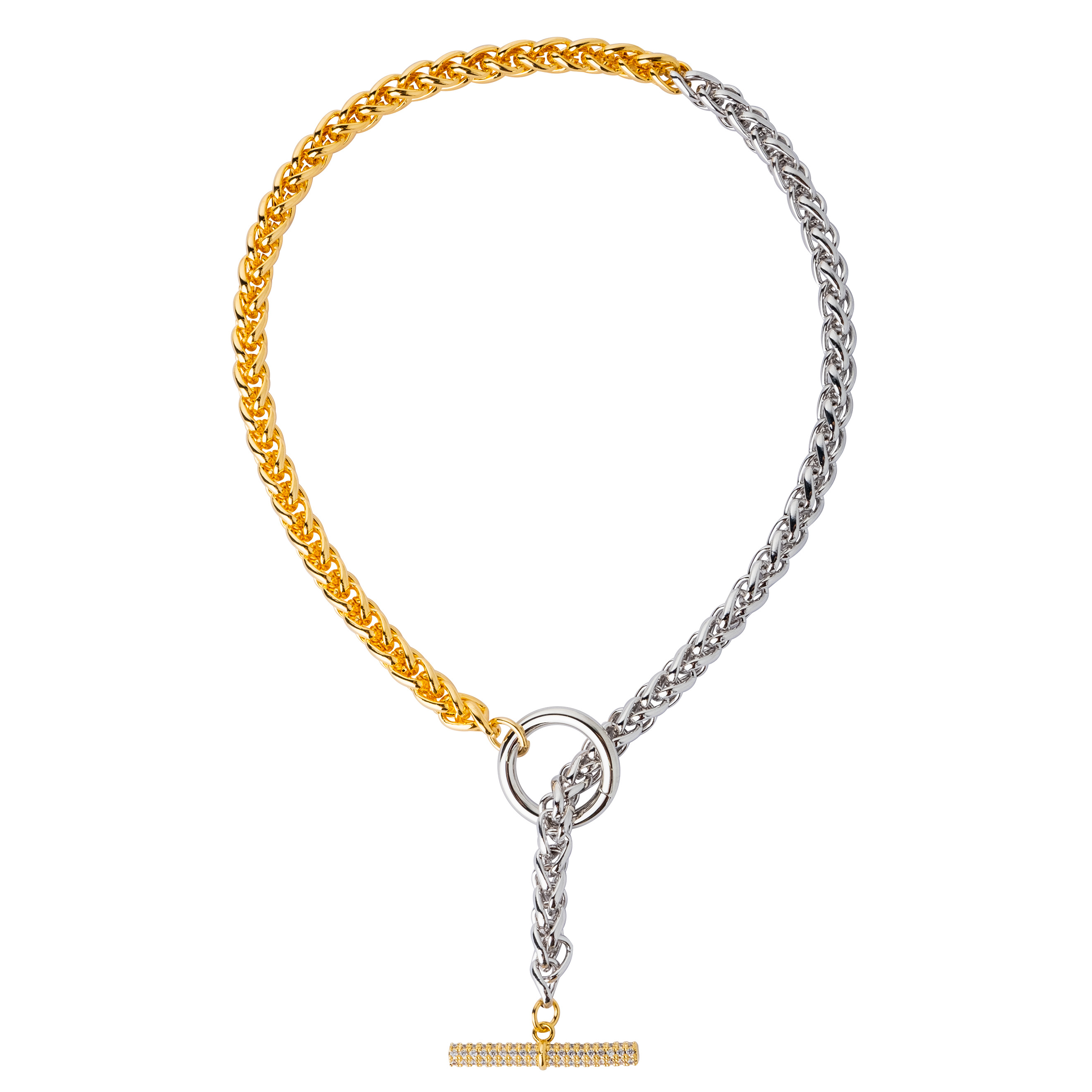 Volumetric bicolor necklace-chain with crystals