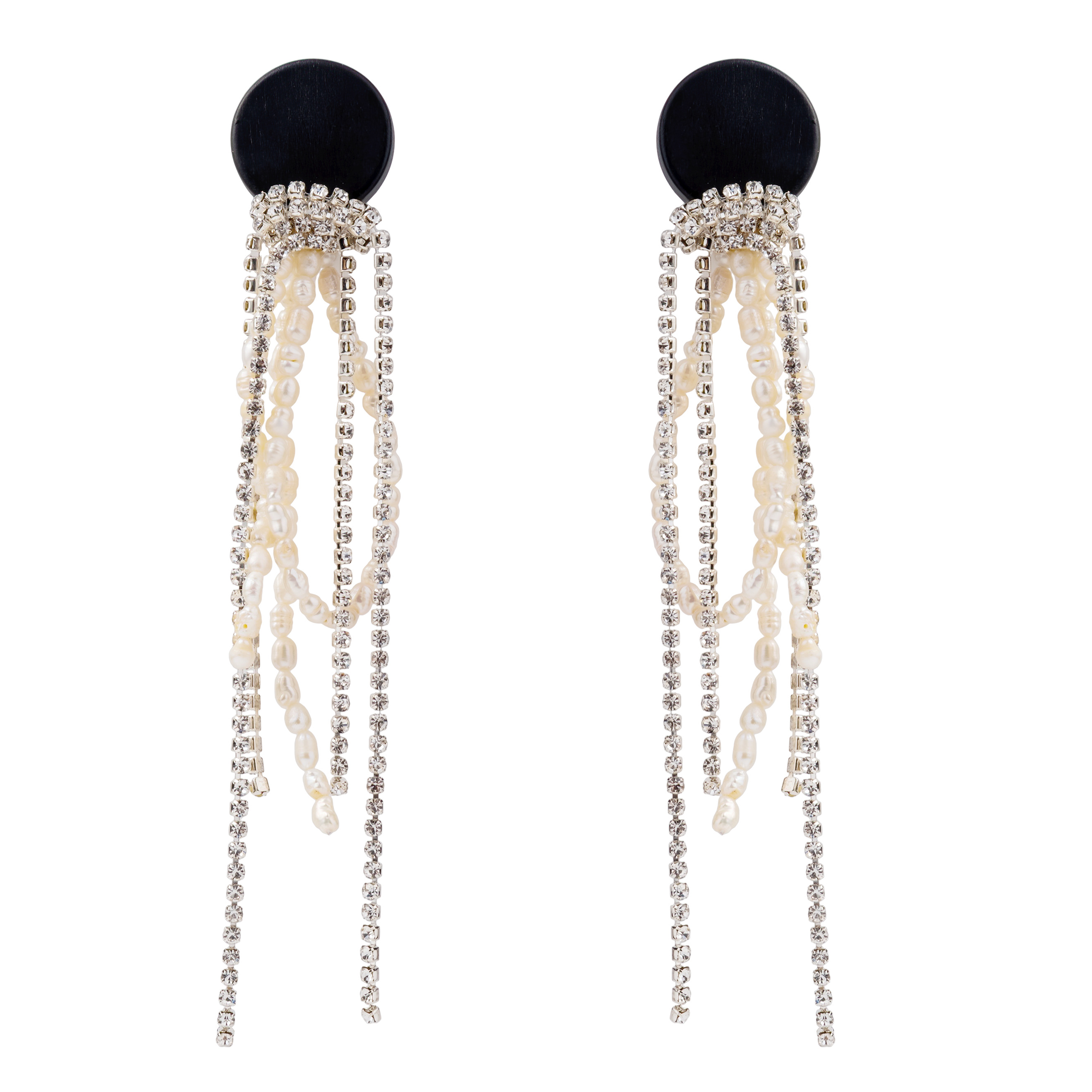Black circle earrings made of wood with cascading pendants made of colored crystals and pearls