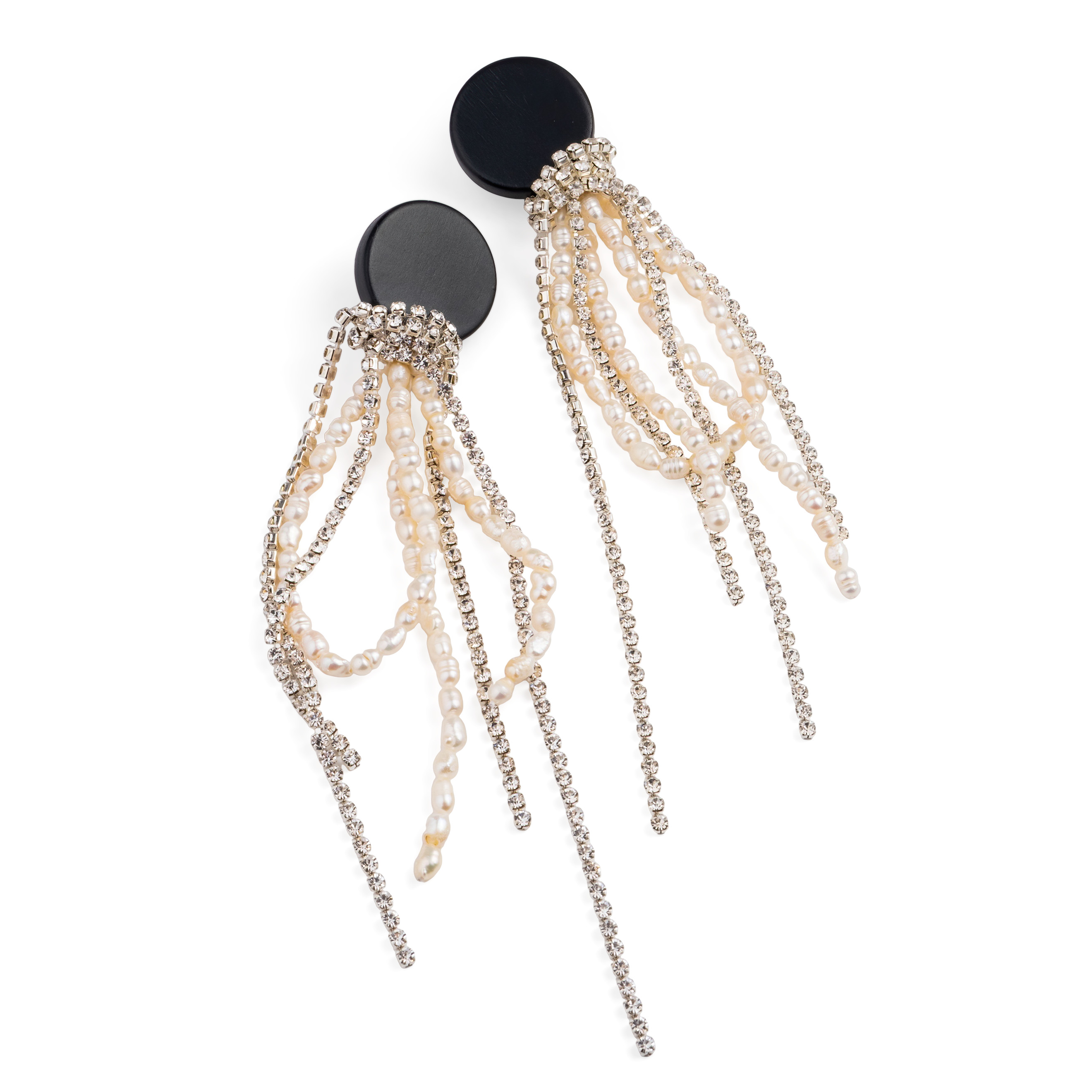 Black circle earrings made of wood with cascading pendants made of colored crystals and pearls