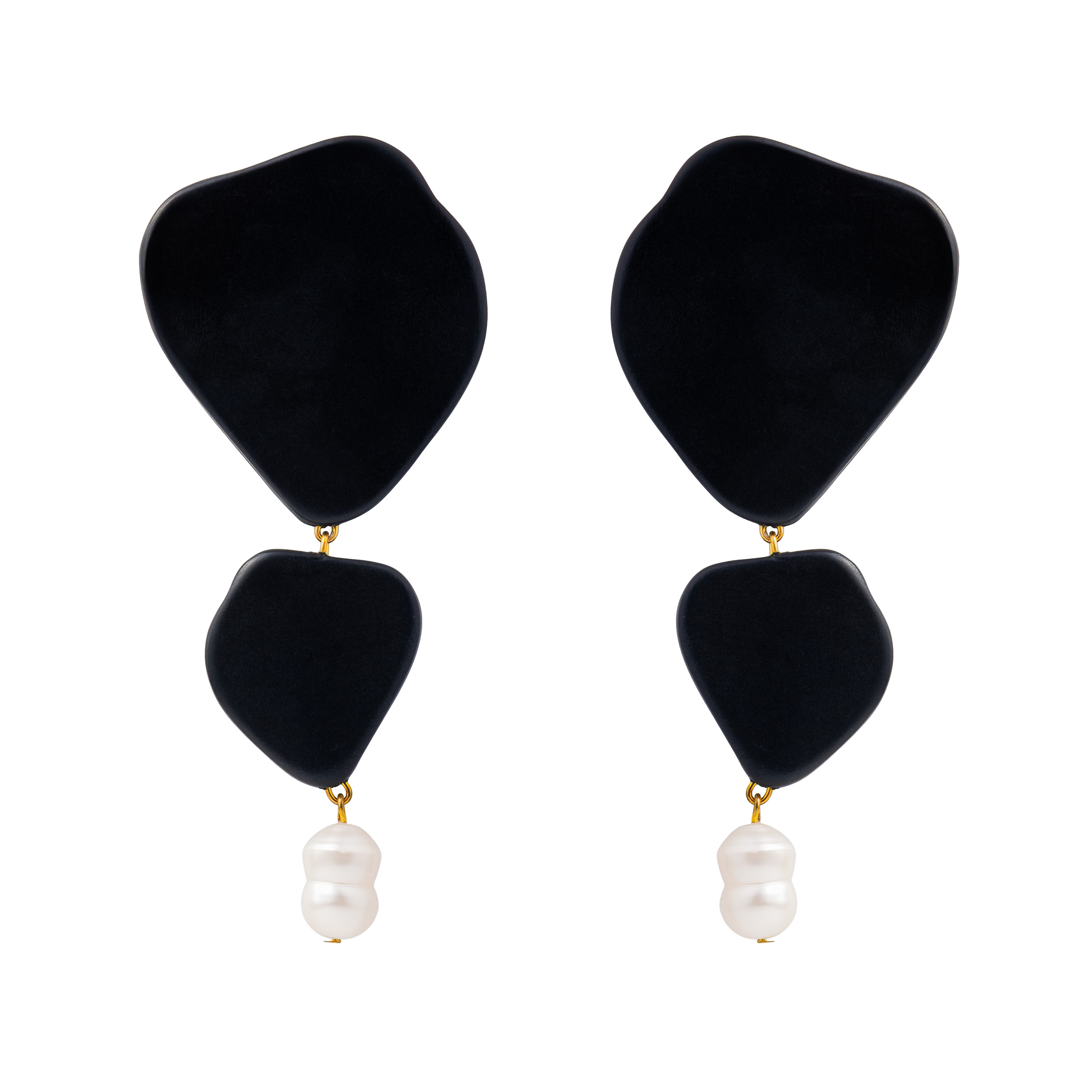 Black Double Glossy Wooden Earrings with Pearl Pendant