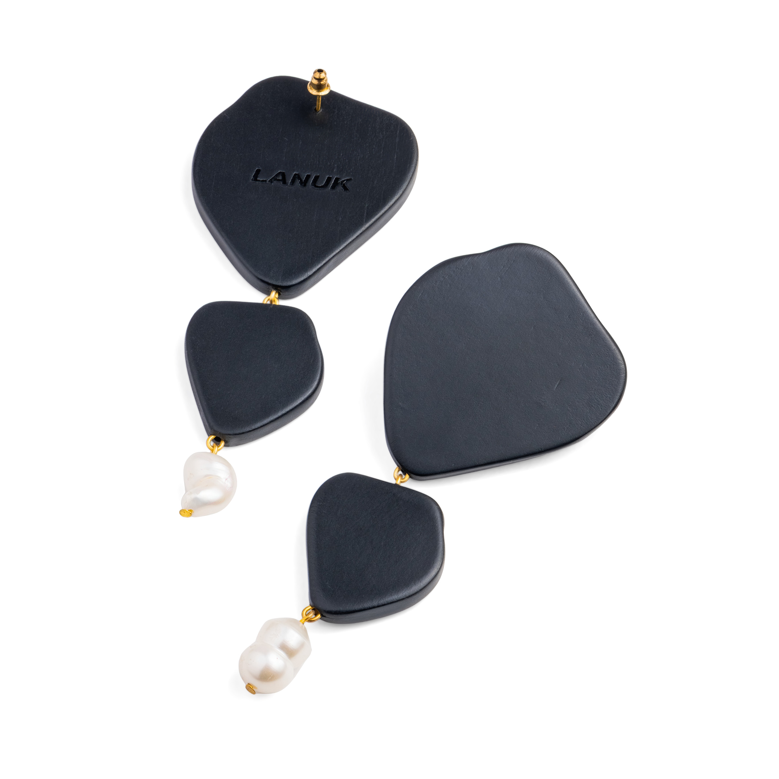 Black Double Glossy Wooden Earrings with Pearl Pendant