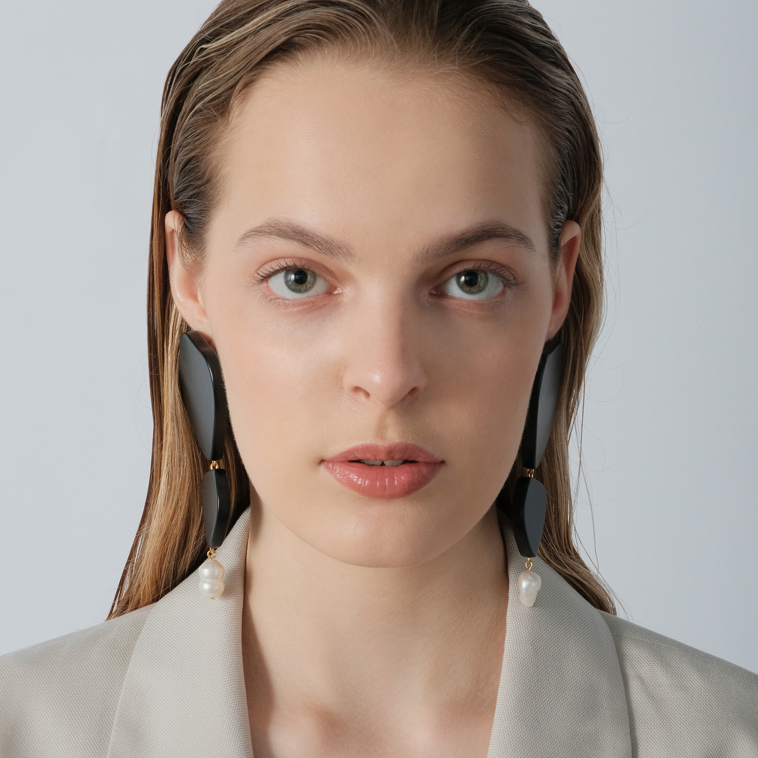 Black Double Glossy Wooden Earrings with Pearl Pendant