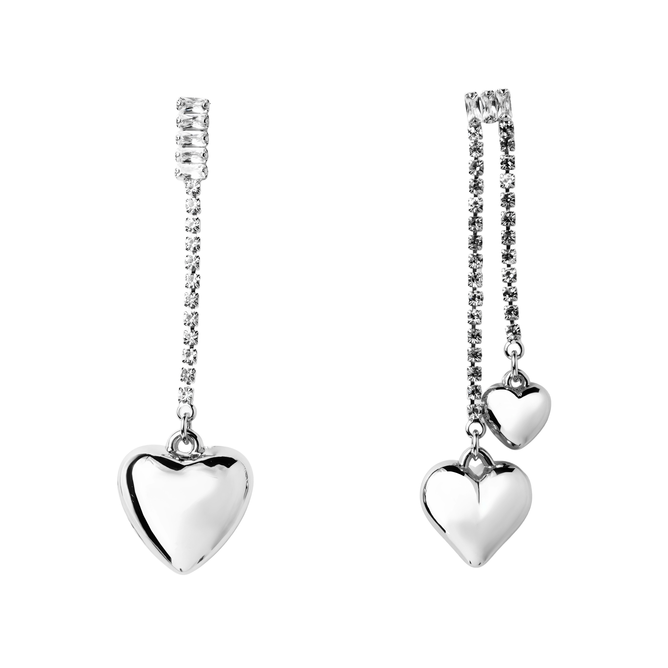 asymmetric earrings with crystals and hearts