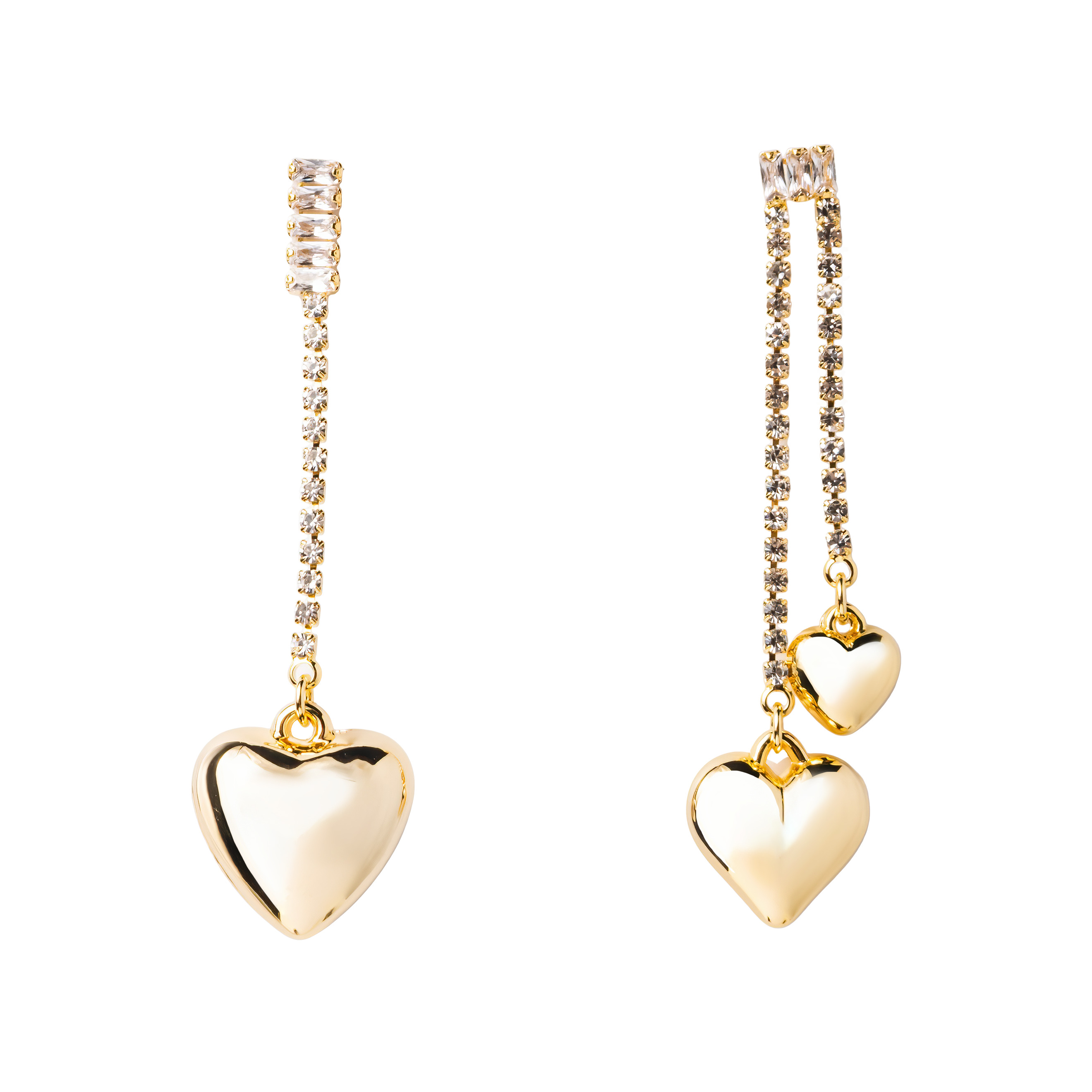 asymmetric earrings with crystals and hearts