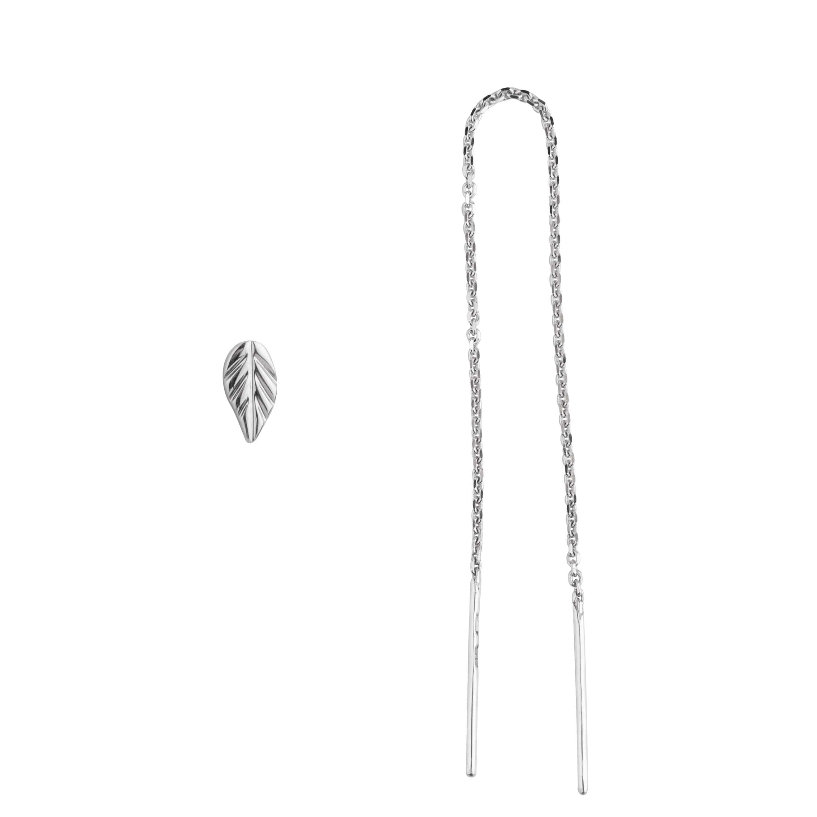 single pull-through earring and single stud earring «Listici» in silver