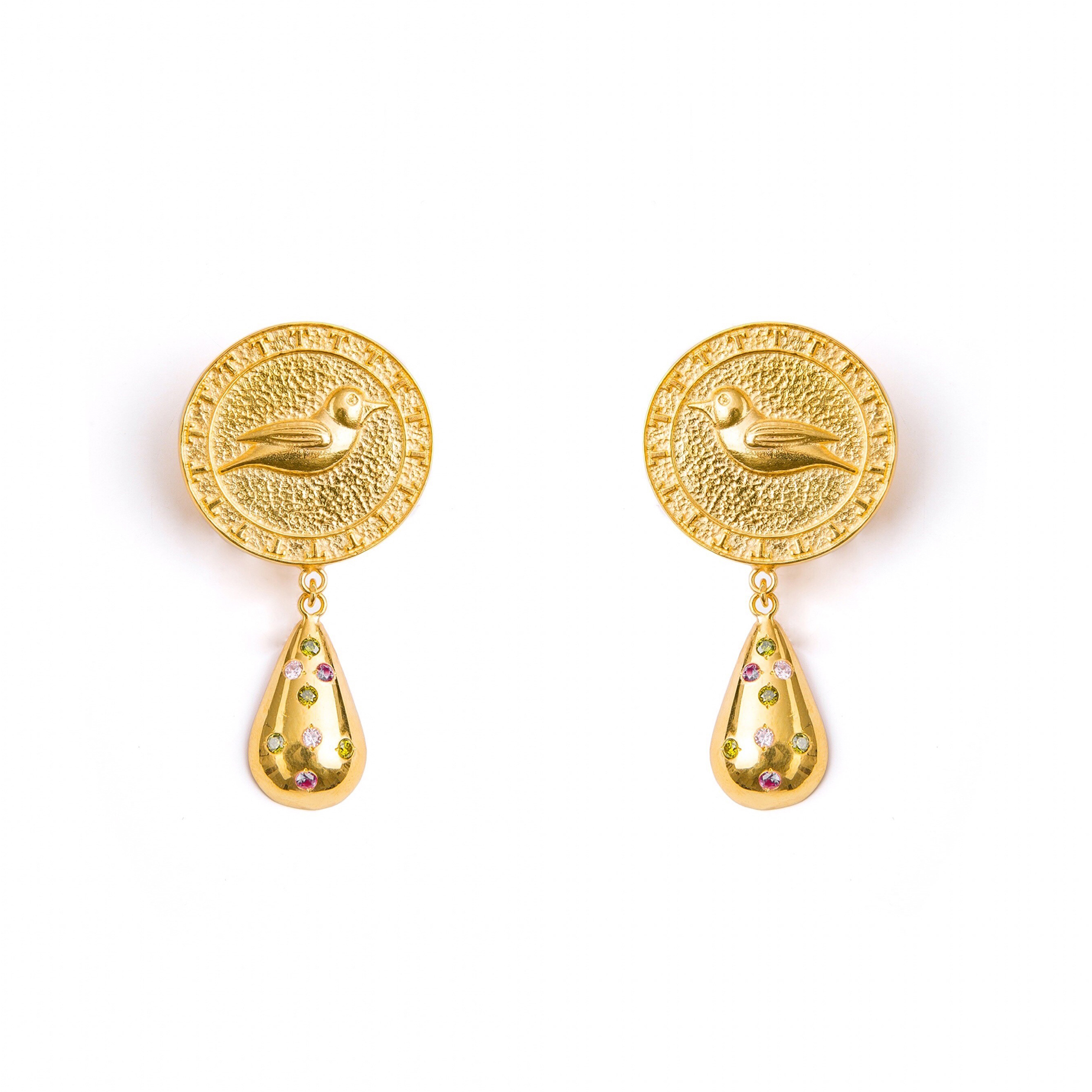 Gold-plated round earrings with birds and droplets with inserts of multicolored zirconium